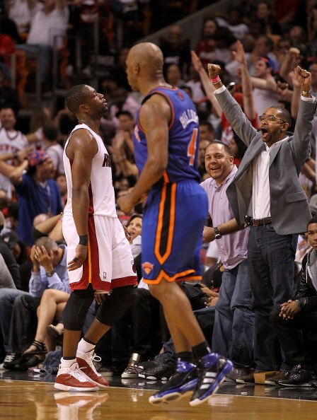 MIAMI, FL - FEBRUARY 27: Dwyane Wade #3 of the Miami Heat reacts after Chauncey Billups #4 of the New York Knicks makes a big shot during a game at American Airlines Arena on February 27, 2011 in Miami, Florida. NOTE TO USER: User expressly acknowledges a