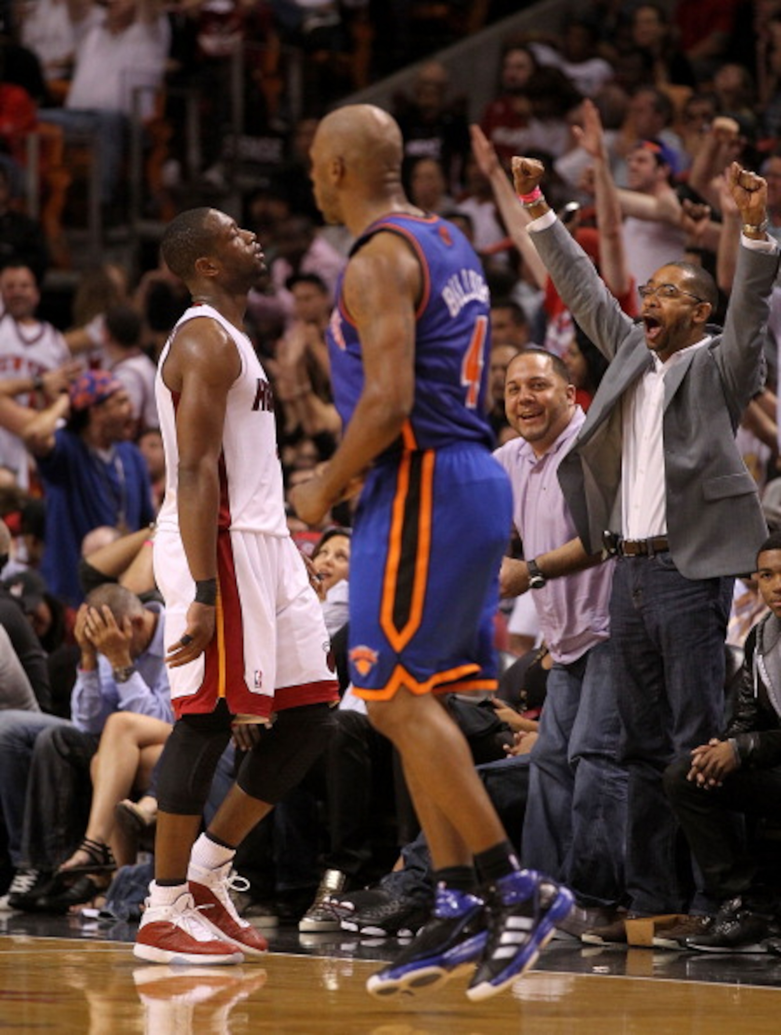 MIAMI, FL - FEBRUARY 27: Dwyane Wade #3 of the Miami Heat reacts after Chauncey Billups #4 of the New York Knicks makes a big shot during a game at American Airlines Arena on February 27, 2011 in Miami, Florida. NOTE TO USER: User expressly acknowledges a