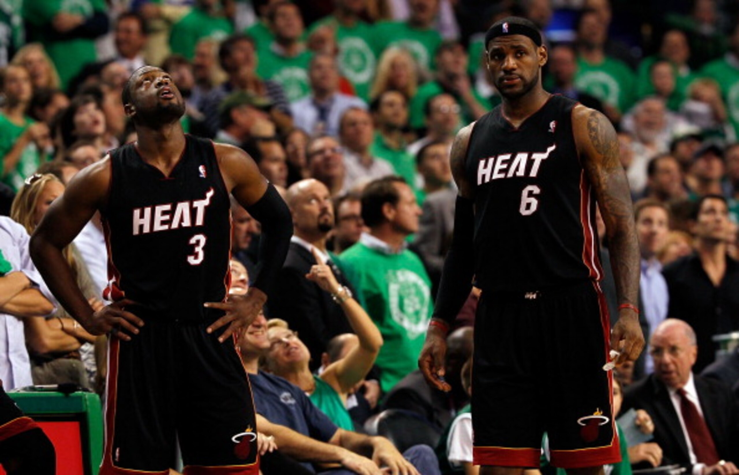 BOSTON, MA - OCTOBER 26: LeBron James #6 and Dwyane Wade #3 of the Miami Heat walk onto the court after a time out in the fourth quarter against the Boston Celtics at the TD Banknorth Garden on October 26, 2010 in Boston, Massachusetts.  The Heat lost 88-