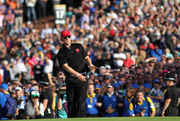 NEWPORT, WALES - OCTOBER 04: Hunter Mahan of the USA watches his pitch shot on the 17th hole in the singles matches during the 2010 Ryder Cup at the Celtic Manor Resort on October 4, 2010 in Newport, Wales. (Photo by Jamie Squire/Getty Images)
