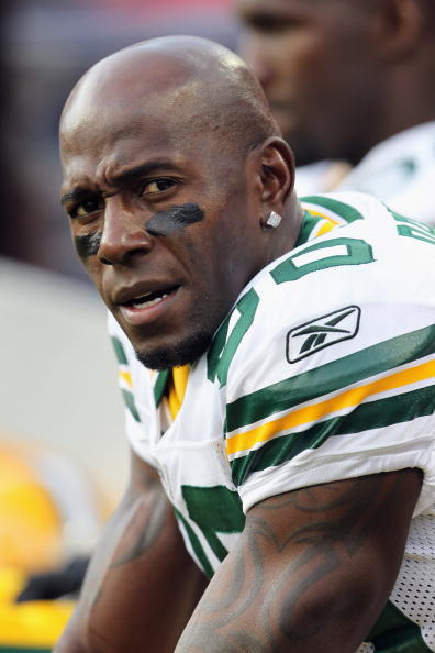 Green Bay Packers wide receiver Donald Driver can't hold onto a ball in the  end zone against the Seattle Seahawks' at CenturyLink Field in Seattle,  Washington during a Monday Night Football game