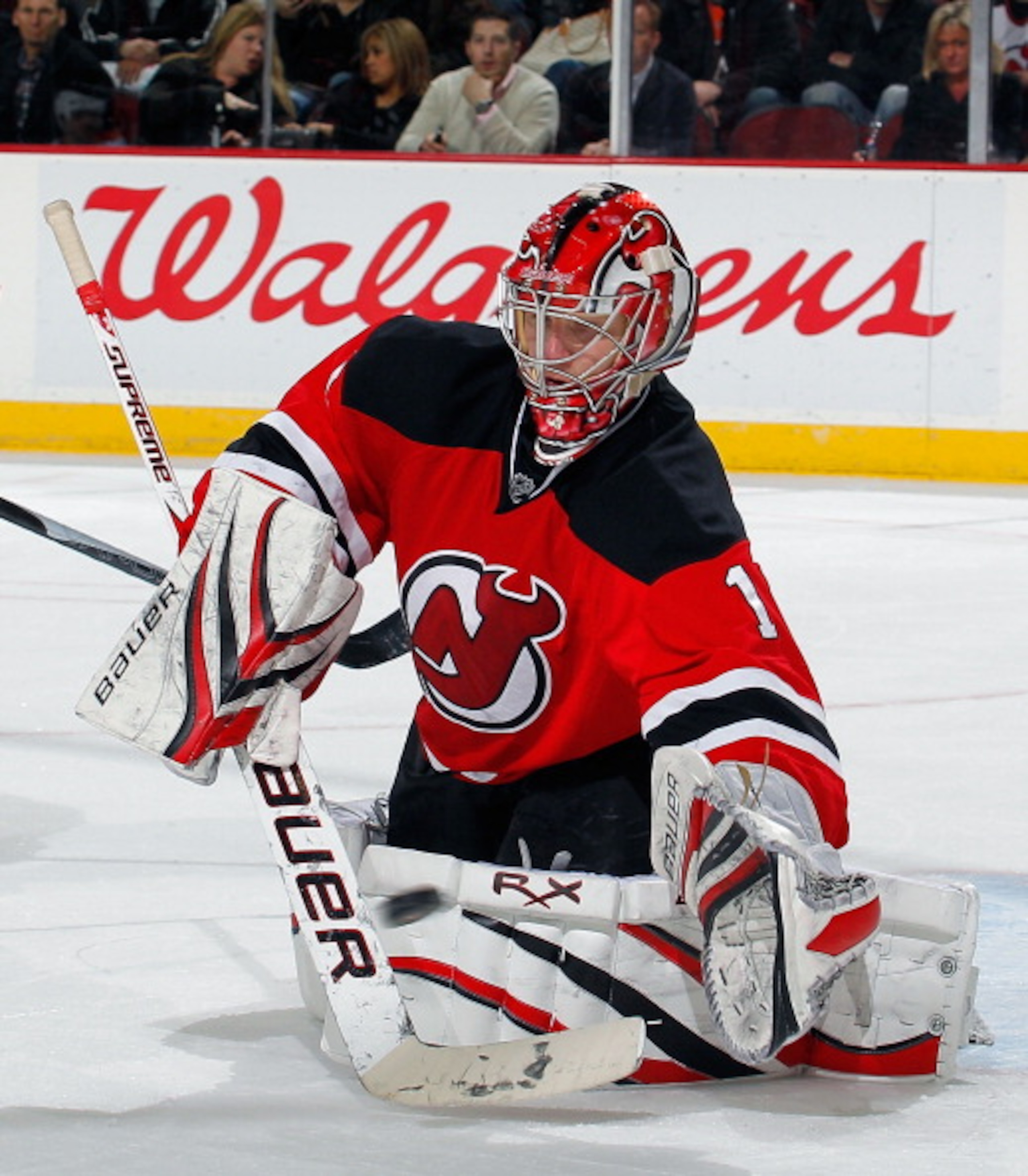 NEWARK, NJ - APRIL 01:  Goalie Johan Hedberg #1 of the New Jersey Devils makes a save on a shot by the Philadelphia Flyers during the third period of an NHL hockey game at the Prudential Center on April 1, 2011 in Newark, New Jersey. Devils won 4-2. (Phot