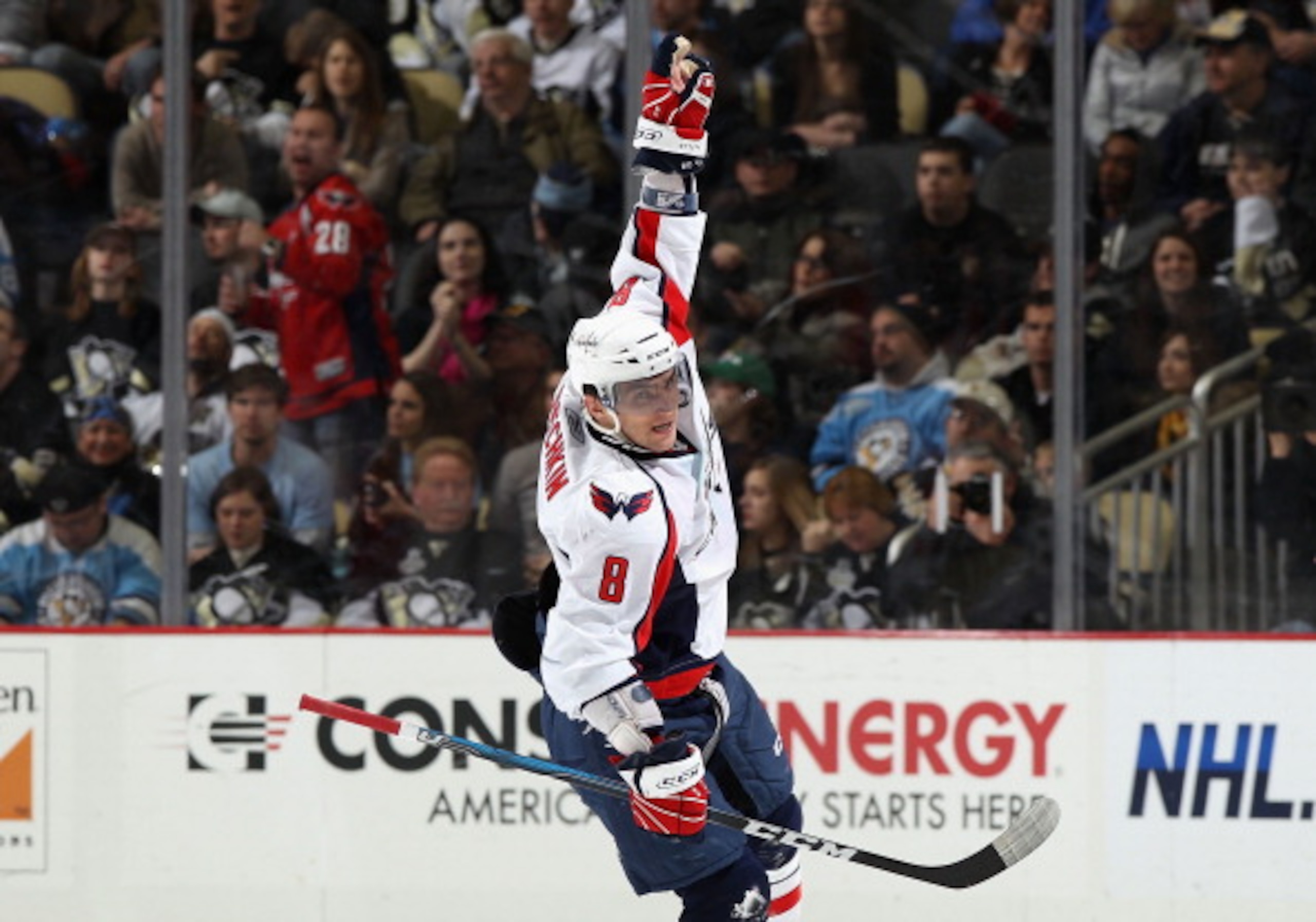 PITTSBURGH, PA - FEBRUARY 21:  Alex Ovechkin #8 of the Washington Capitals celebrates after scoring a second period power play goal against the Pittsburgh Penguins during the NHL game at Consol Energy Center on February 21, 2011 in Pittsburgh, Pennsylvani
