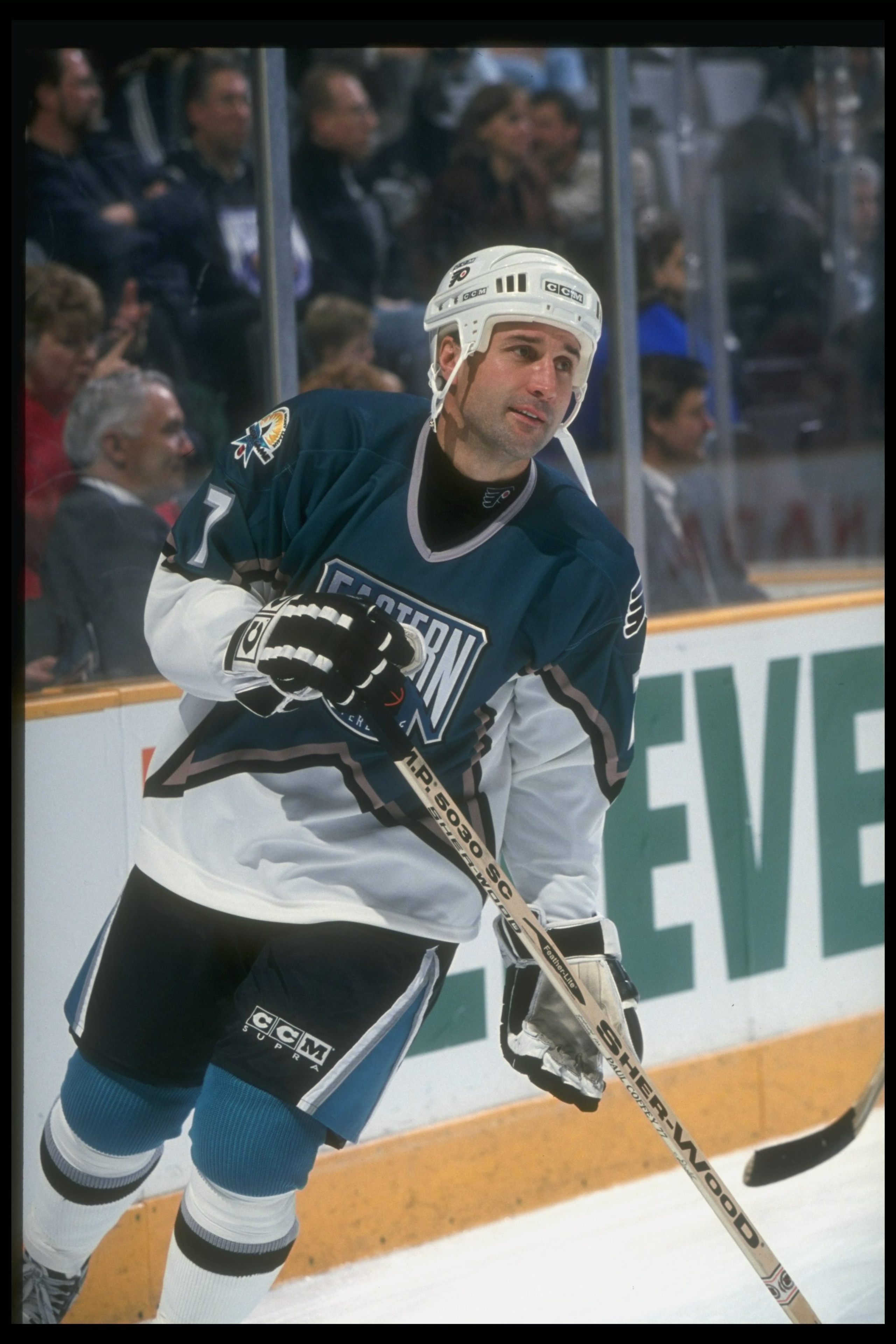 18 Jan 1997:  Defenseman Paul Coffey of the Philadelphia Flyers is ready for the action during the 47th  NHL All-Star game at the San Jose Arena in San Jose, California.  The East won over the West 11-7Mandatory Credit: Rick Stewart  /Allsport