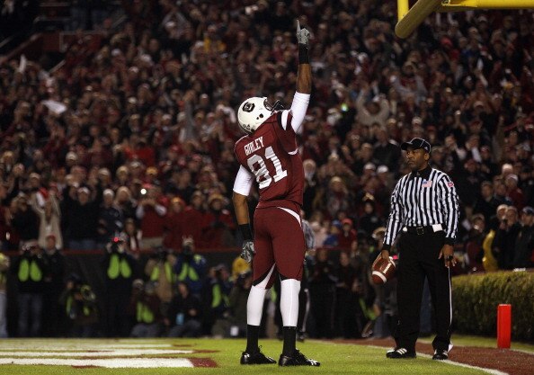 COLUMBIA, SC - NOVEMBER 06:  Tori Gurley #81 of the South Carolina Gamecocks celebrates after scoring a touchdown against the Arkansas Razorbacks during their game at Williams-Brice Stadium on November 6, 2010 in Columbia, South Carolina.  (Photo by Stree