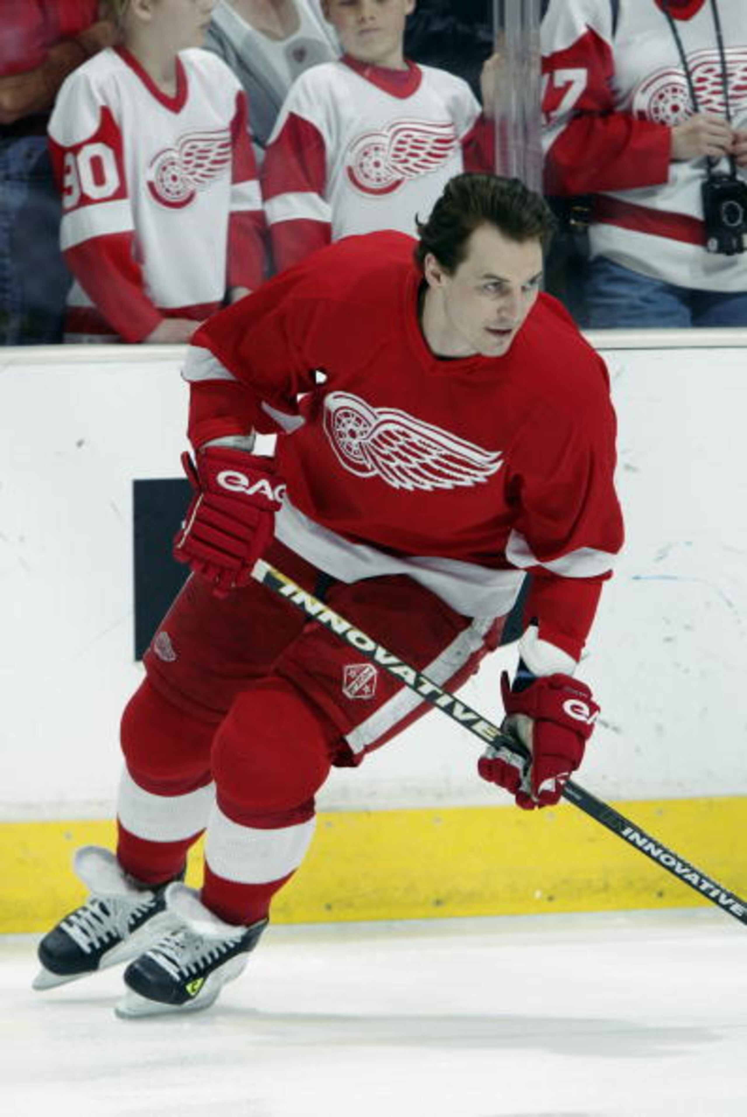 LOS ANGELES - MARCH 10:  Sergei Fedorov #91 of the Detroit Red Wings skates during warmups before the game against the Los Angeles Kings on March 10, 2003 at the Staples Center in Los Angeles, California.  The Red Wings defeated the Kings 3-2.  (Photo by