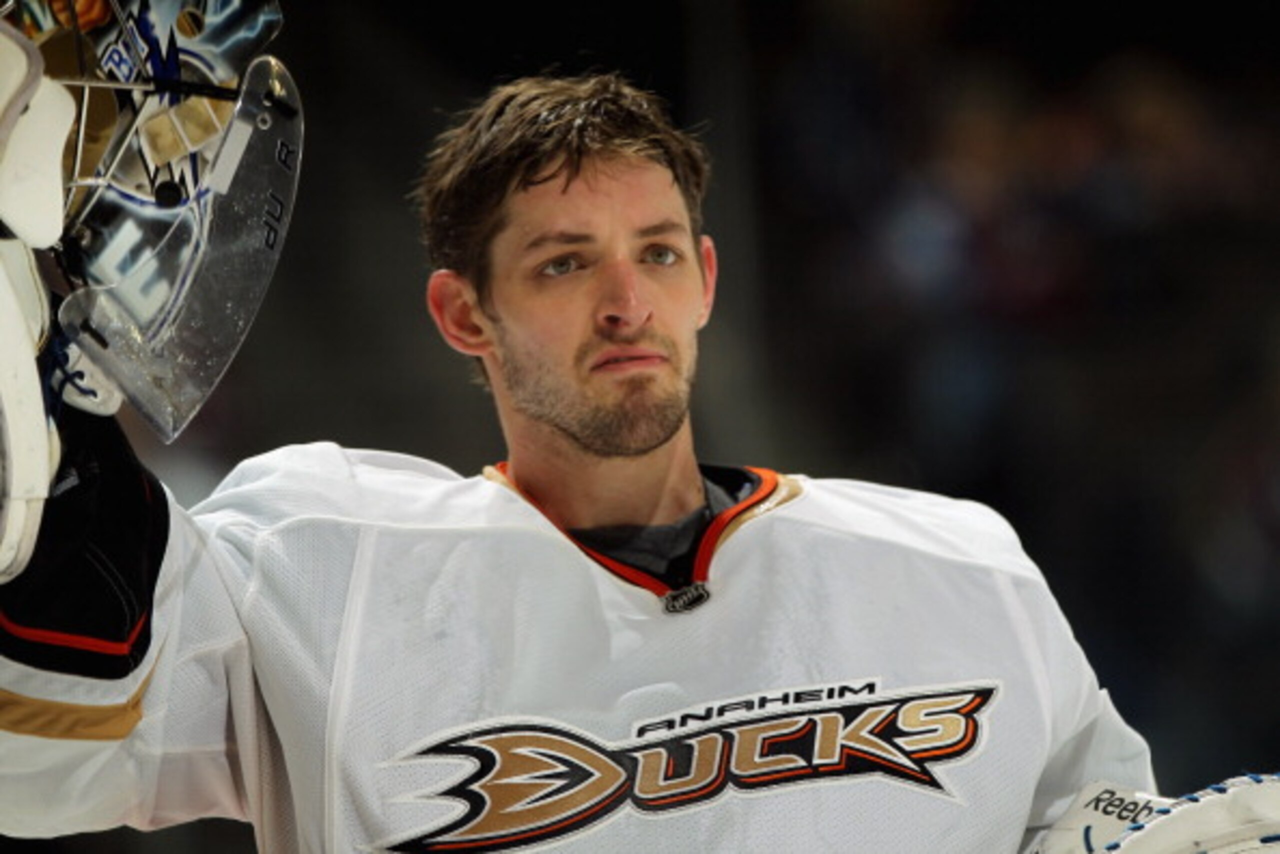 DENVER, CO - MARCH 11:  Goalie Dan Ellis #38 of the Anaheim Ducks looks on during a break in the action against the Colorado Avalanche during NHL action at the Pepsi Center on March 11, 2011 in Denver, Colorado. Ellis earned the win, making 24 saves, as t