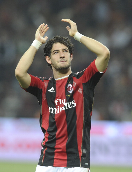MILAN, ITALY - APRIL 02:  Alexandre Pato of AC Milan celebrate victory  after the Serie A match between AC Milan and FC Internazionale Milano at Stadio Giuseppe Meazza on April 2, 2011 in Milan, Italy.  (Photo by Dino Panato/Getty Images)