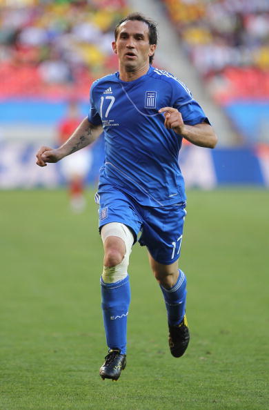 PORT ELIZABETH, SOUTH AFRICA - JUNE 12: Theofanis Gekas of Greece in action during the 2010 FIFA World Cup South Africa Group B match between South Korea and Greece at Nelson Mandela Bay Stadium on June 12, 2010 in Port Elizabeth, South Africa.  (Photo by
