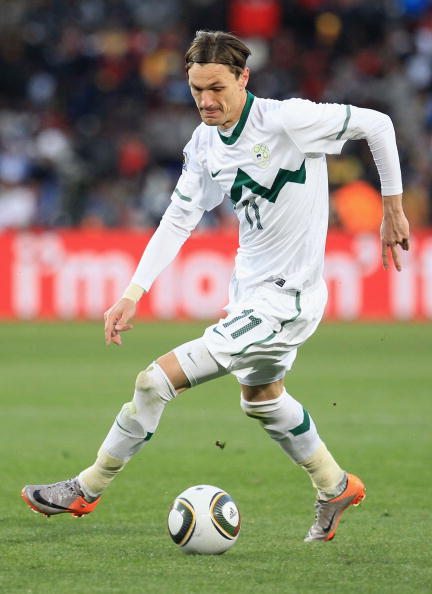 JOHANNESBURG, SOUTH AFRICA - JUNE 18:  Milivoje Novakovic of Slovenia in action during the 2010 FIFA World Cup South Africa Group C match between Slovenia and USA at Ellis Park Stadium on June 18, 2010 in Johannesburg, South Africa.  (Photo by David Canno