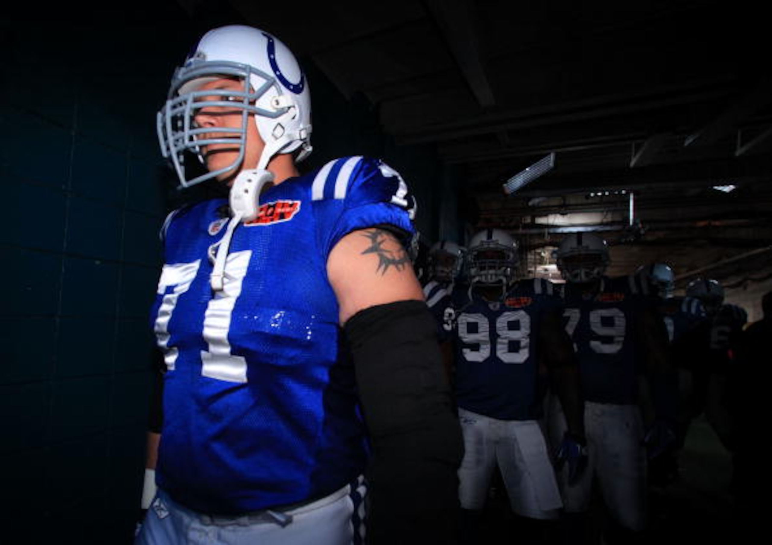 MIAMI GARDENS, FL - FEBRUARY 07: Offensive tackle Ryan Diem #71 of the Indianapolis Colts walks out of the tunnel prior to Super Bowl XLIV against the New Orleans Saints on February 7, 2010 at Sun Life Stadium in Miami Gardens, Florida.  (Photo by Donald 