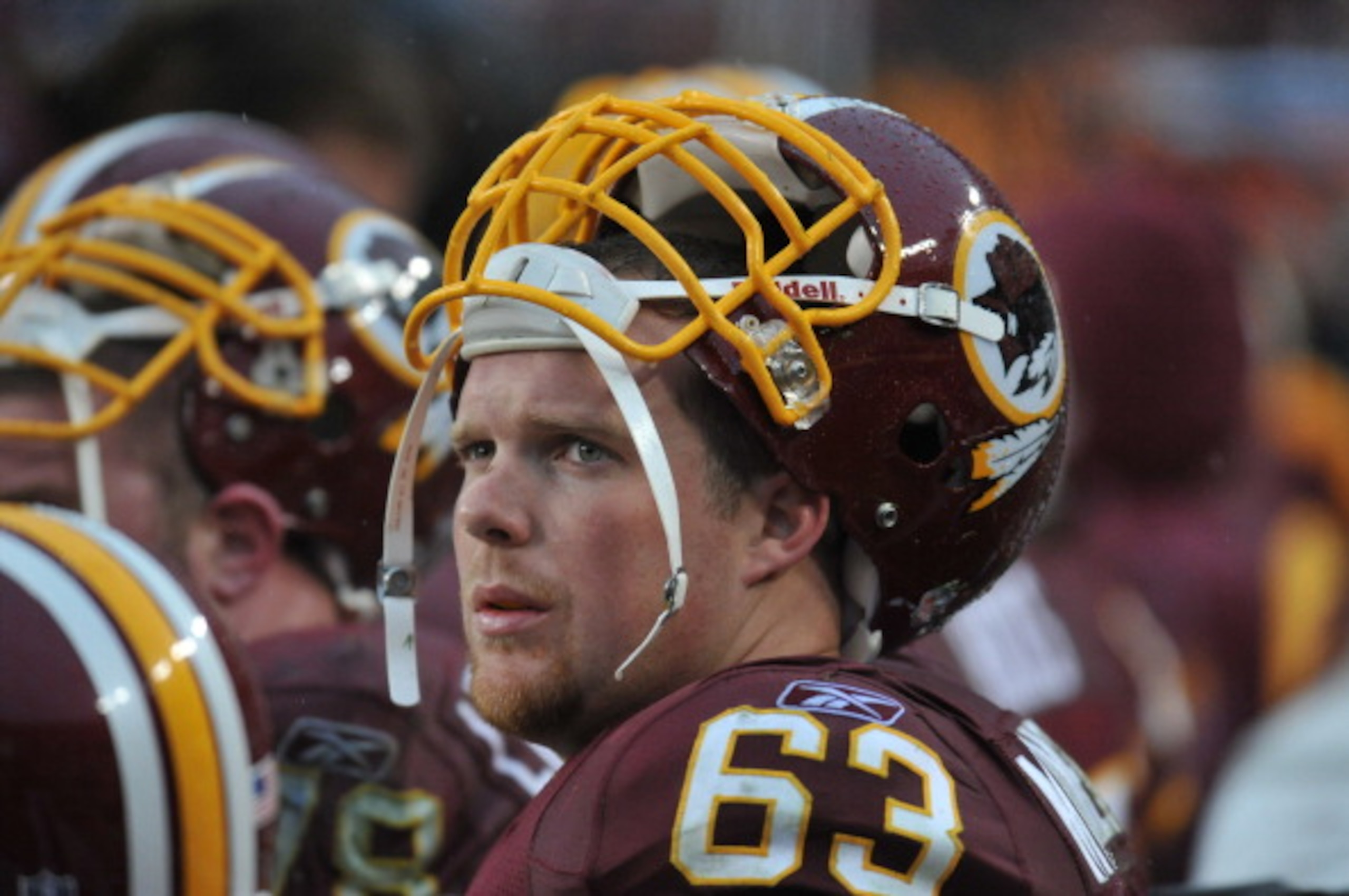 LANDOVER, MD - DECEMBER 12:  Will Montgomery #63 of the Washington Redskins watches the game from the bench during the game against the Tampa Bay Buccaneers  at FedExField on December 12, 2010 in Landover, Maryland. The Buccaneers defeated the Redskins 17