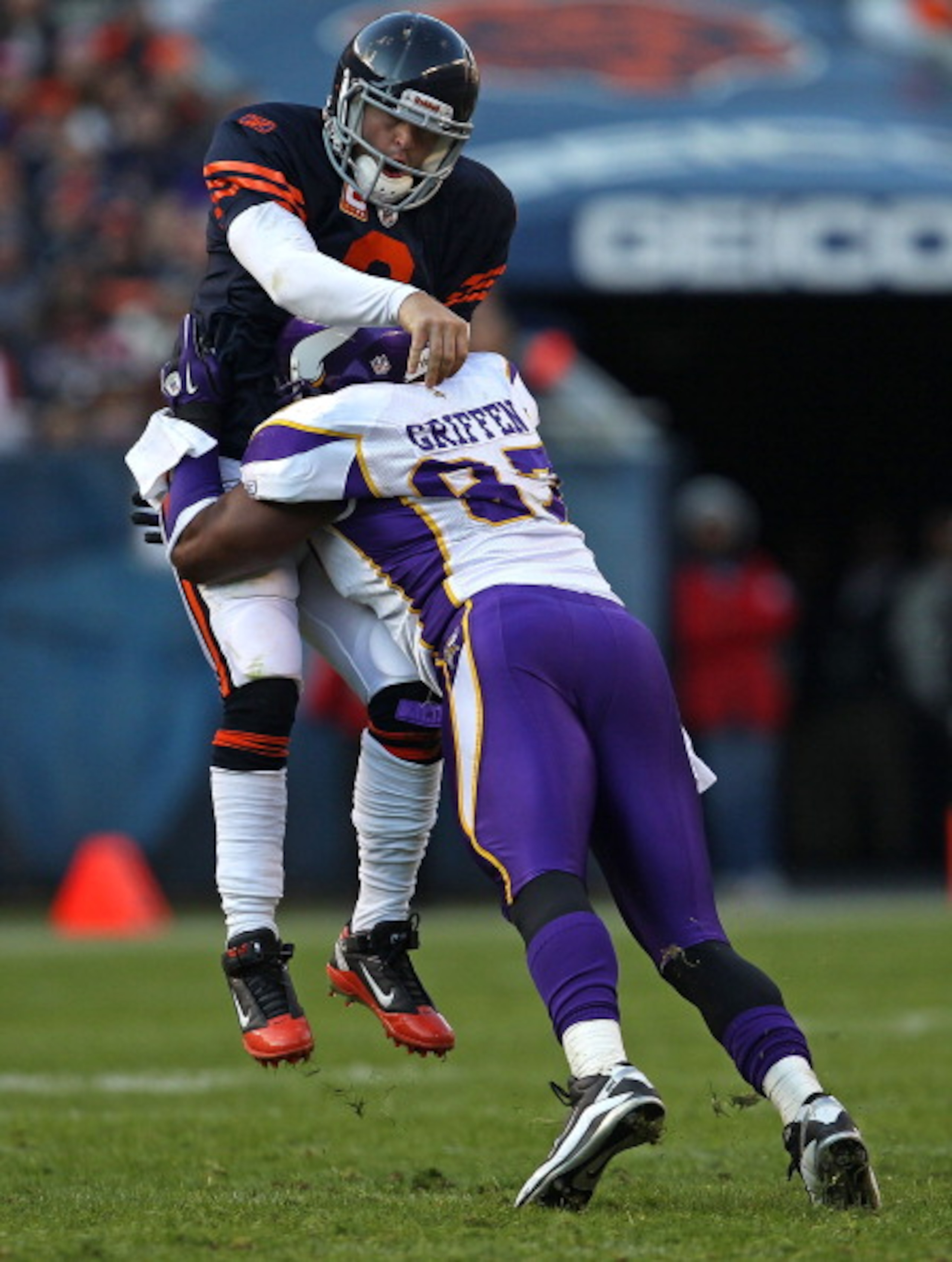 CHICAGO - NOVEMBER 14: Jay Cutler #6 of the Chicago Bears is hit after throwing a pass by Everson Griffen #97 of the Minnesota Vikings at Soldier Field on November 14, 2010 in Chicago, Illinois. The Bears defeated the Vikings 27-13. (Photo by Jonathan Dan
