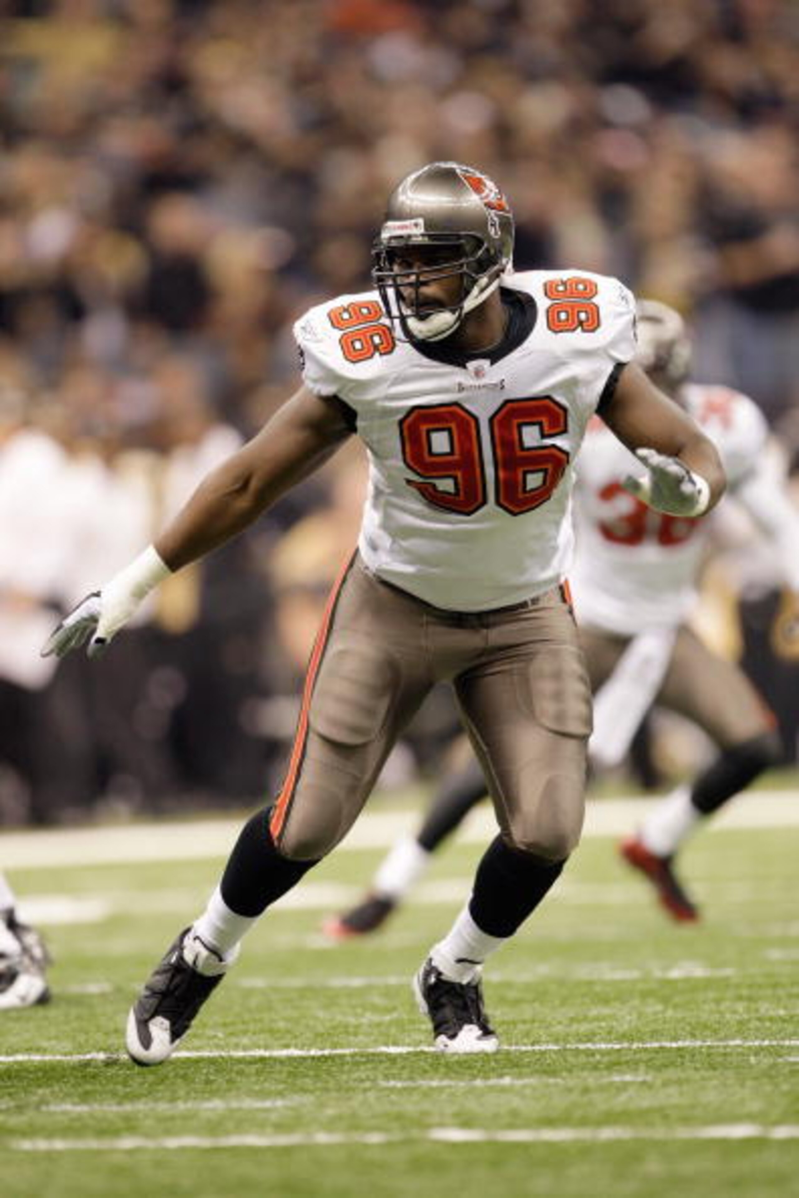 NEW ORLEANS - DECEMBER 27: Tim Crowder #96 of the Tampa Bay Buccaneers moves on the field during the game against the New Orleans Saints at the Louisiana Superdome on December 27, 2009 in New Orleans, Louisiana. (Photo by Jamie Squire/Getty Images)