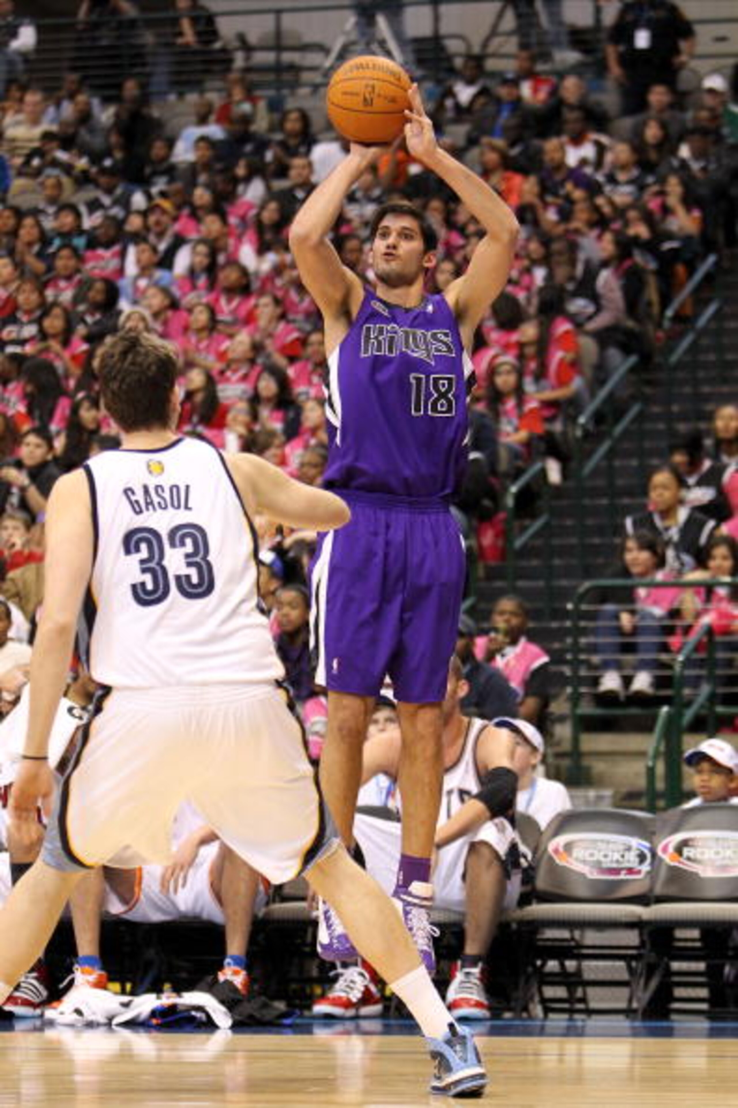 DALLAS - FEBRUARY 12:  Omri Casspi #18 of the Rookie team shoots against Marc Gasol #33 of the Sophomore team during the first half of the T-Mobile Rookie Challenge & Youth Jam part of 2010 NBA All-Star Weekend at American Airlines Center on February 12,