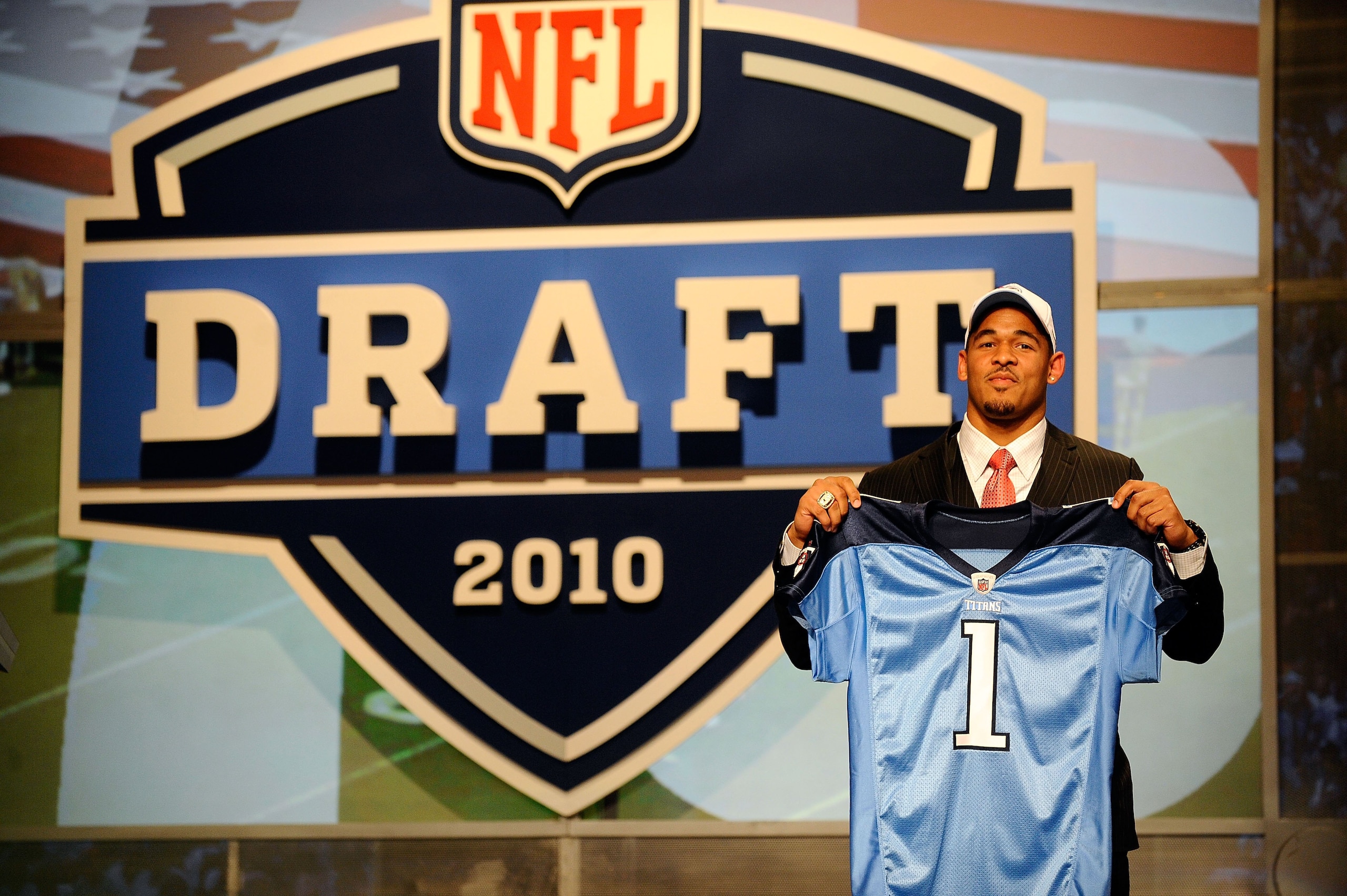 NEW YORK - APRIL 22:  Derrick Morgan from the Georgia Tech Yellow Jackets holds up a Tennessee Titans jersey after the Titans selected Morgan number 16 overall during the first round of the 2010 NFL Draft at Radio City Music Hall on April 22, 2010 in New