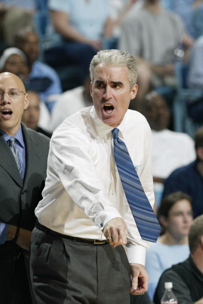 CHAPEL HILL, NC - MARCH 9:  Head coach Matt Doherty of the University of North Carolina at Chapel Hill Tar Heels yells during the game against the Duke University Blue Devils at Dean E. Smith Center on March 9, 2003 in Chapel Hill, North Carolina.  The Ta