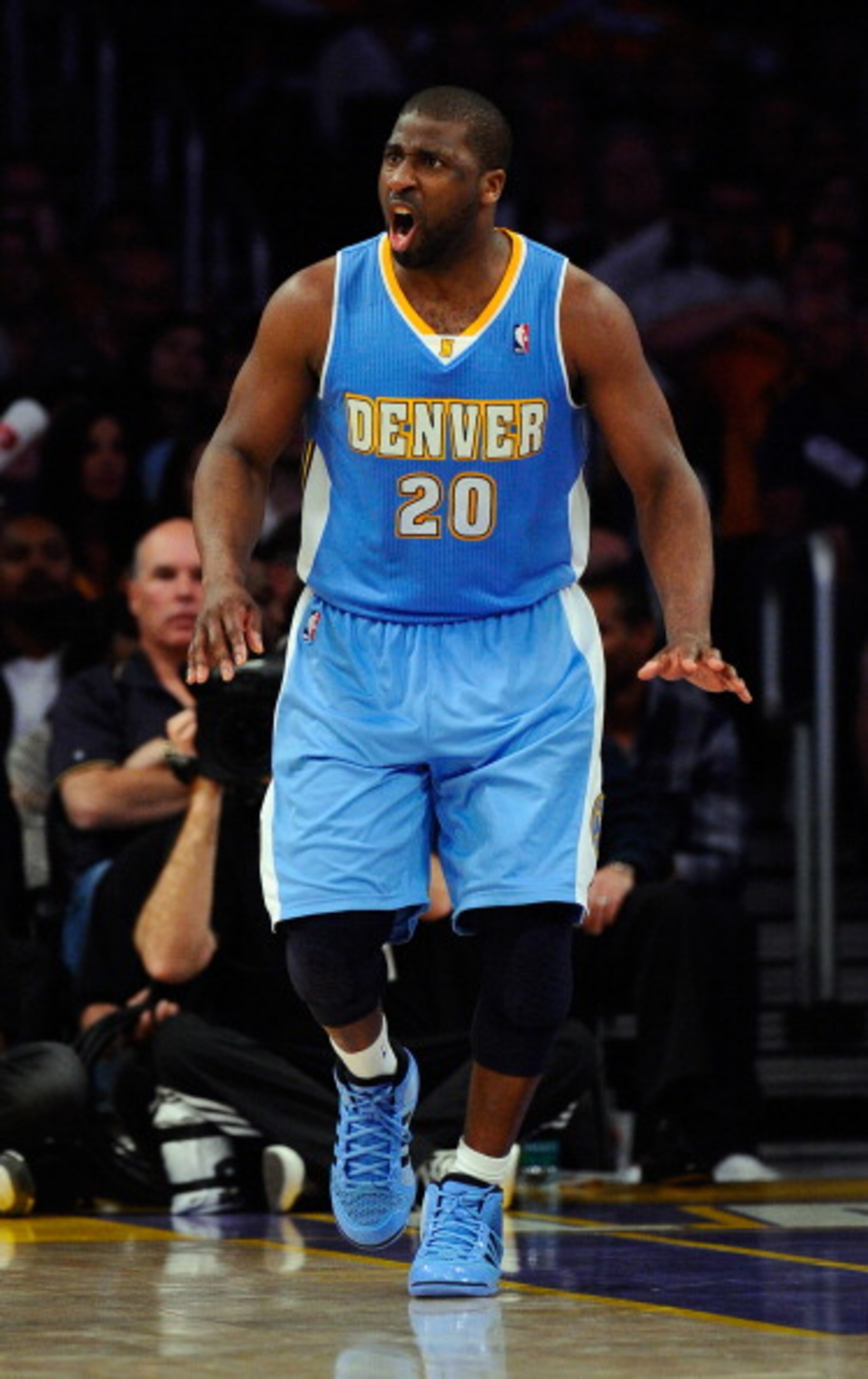 LOS ANGELES, CA - APRIL 03:  Raymond Felton #20 of the Denver Nuggets reacts during the game against the Los Angeles Lakers at Staples Center on April 3, 2011 in Los Angeles, California. NOTE TO USER: User expressly acknowledges and agrees that, by downlo