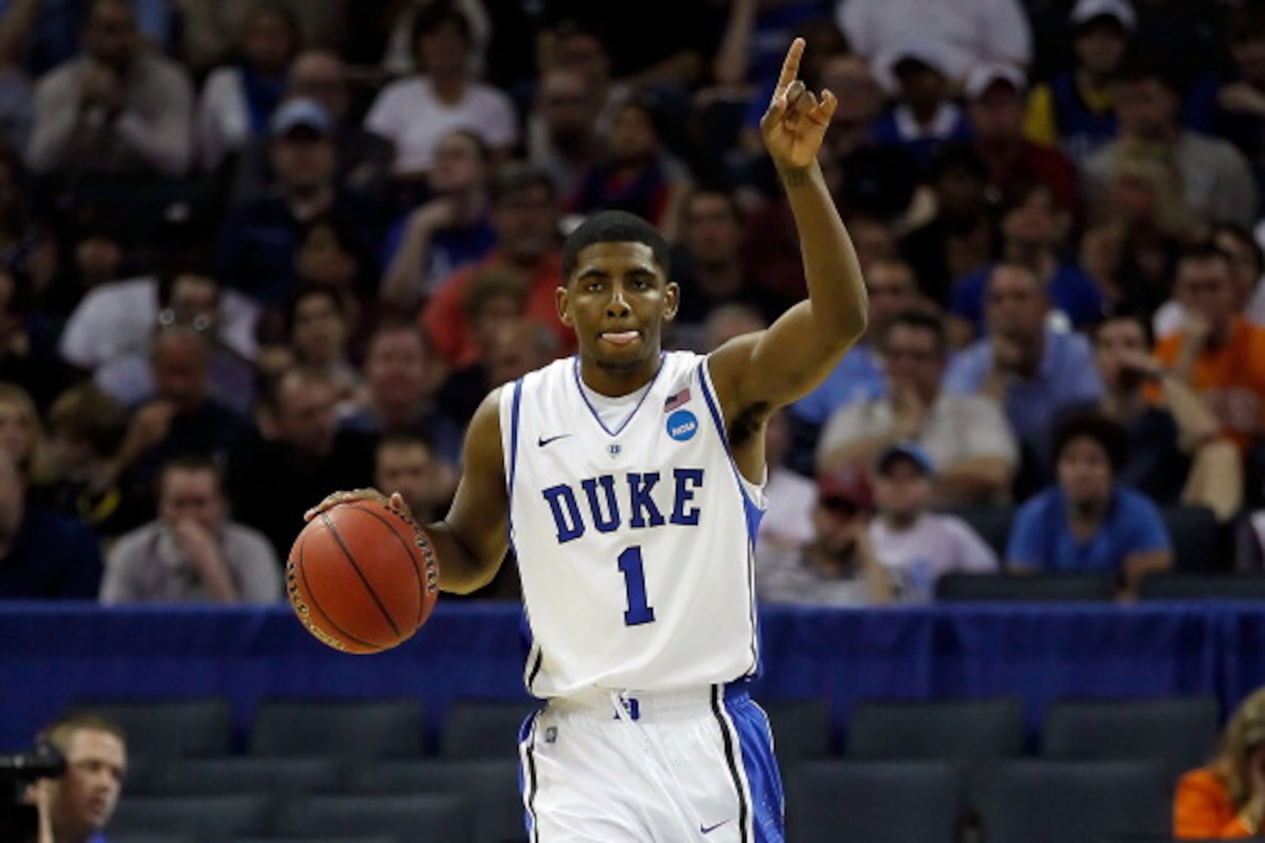 CHARLOTTE, NC - MARCH 18:  Kyrie Irving #1 of the Duke Blue Devils calls a play in the first half while taking on the Hampton Pirates during the second round of the 2011 NCAA men's basketball tournament at Time Warner Cable Arena on March 18, 2011 in Char