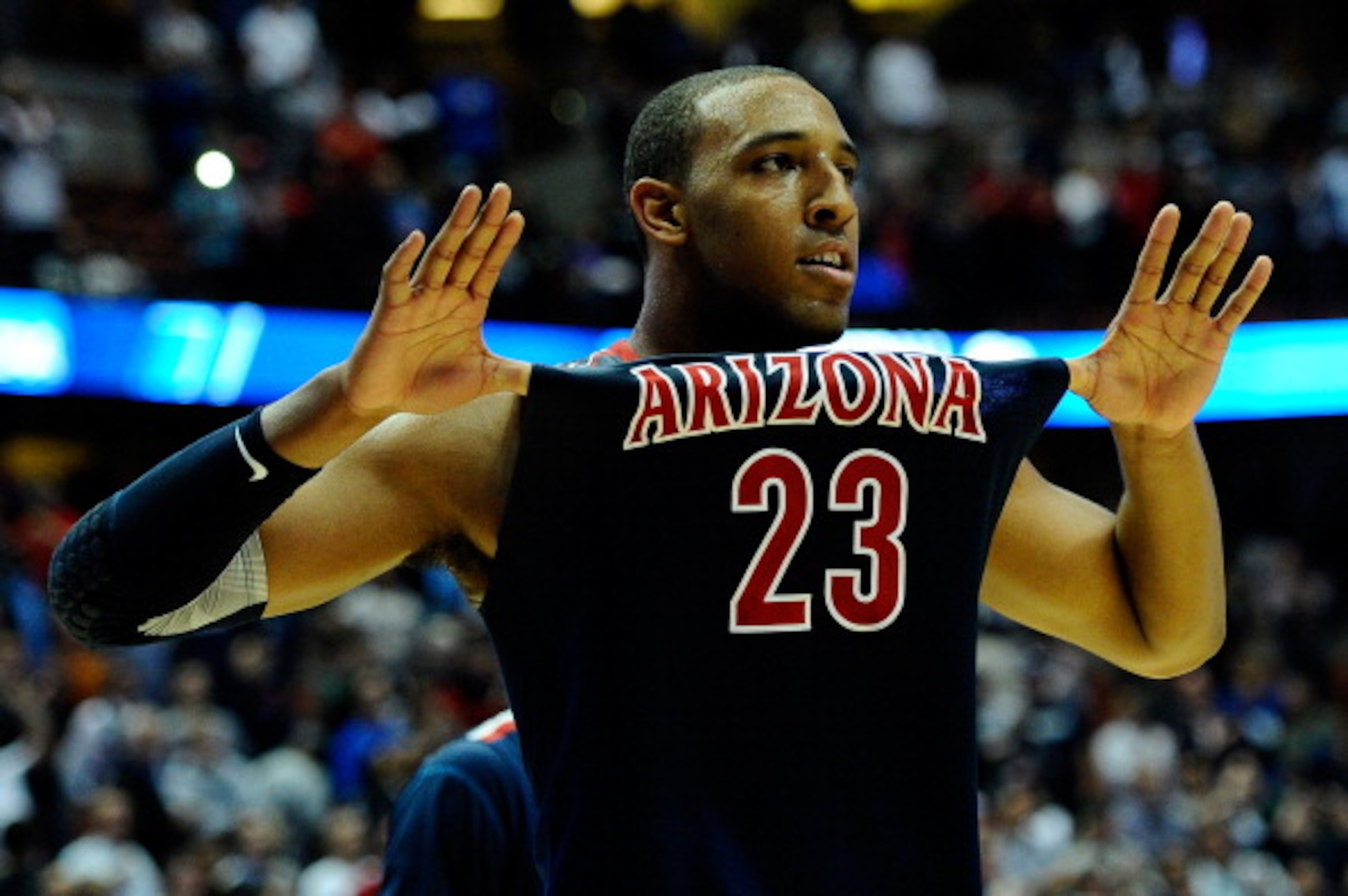 ANAHEIM, CA - MARCH 24:  Derrick Williams #23 of the Arizona Wildcats reacts after defeating the Duke Blue Devils during the west regional semifinal of the 2011 NCAA men's basketball tournament at the Honda Center on March 24, 2011 in Anaheim, California.