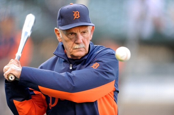BALTIMORE, MD - APRIL 06: Manager Jim Leyland of the Detroit Tigers hits ground balls during batting practice before the game against the Baltimore Orioles at Oriole Park at Camden Yards on April 6, 2011 in Baltimore, Maryland.  (Photo by Greg Fiume/Getty