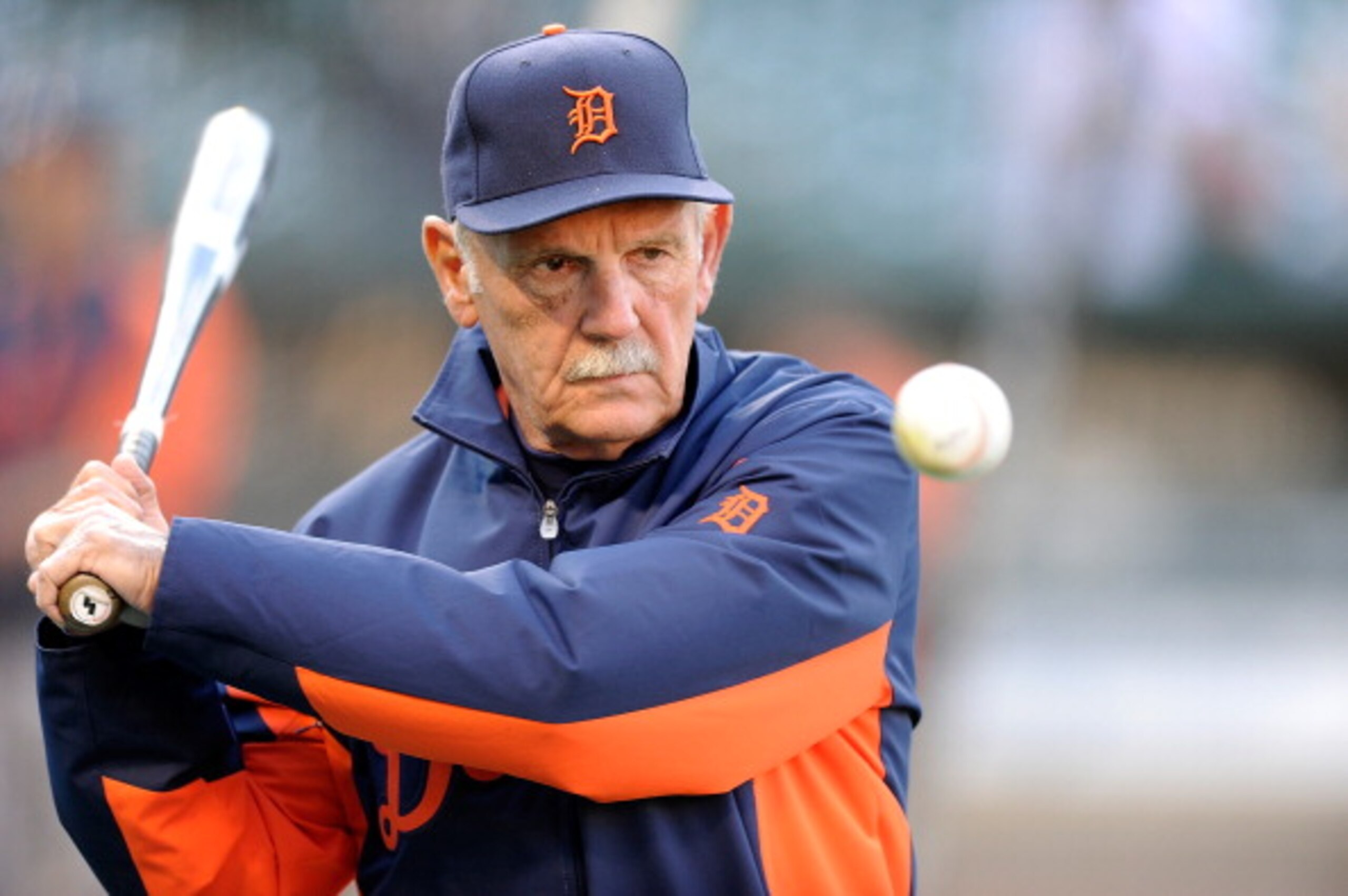 BALTIMORE, MD - APRIL 06: Manager Jim Leyland of the Detroit Tigers hits ground balls during batting practice before the game against the Baltimore Orioles at Oriole Park at Camden Yards on April 6, 2011 in Baltimore, Maryland.  (Photo by Greg Fiume/Getty
