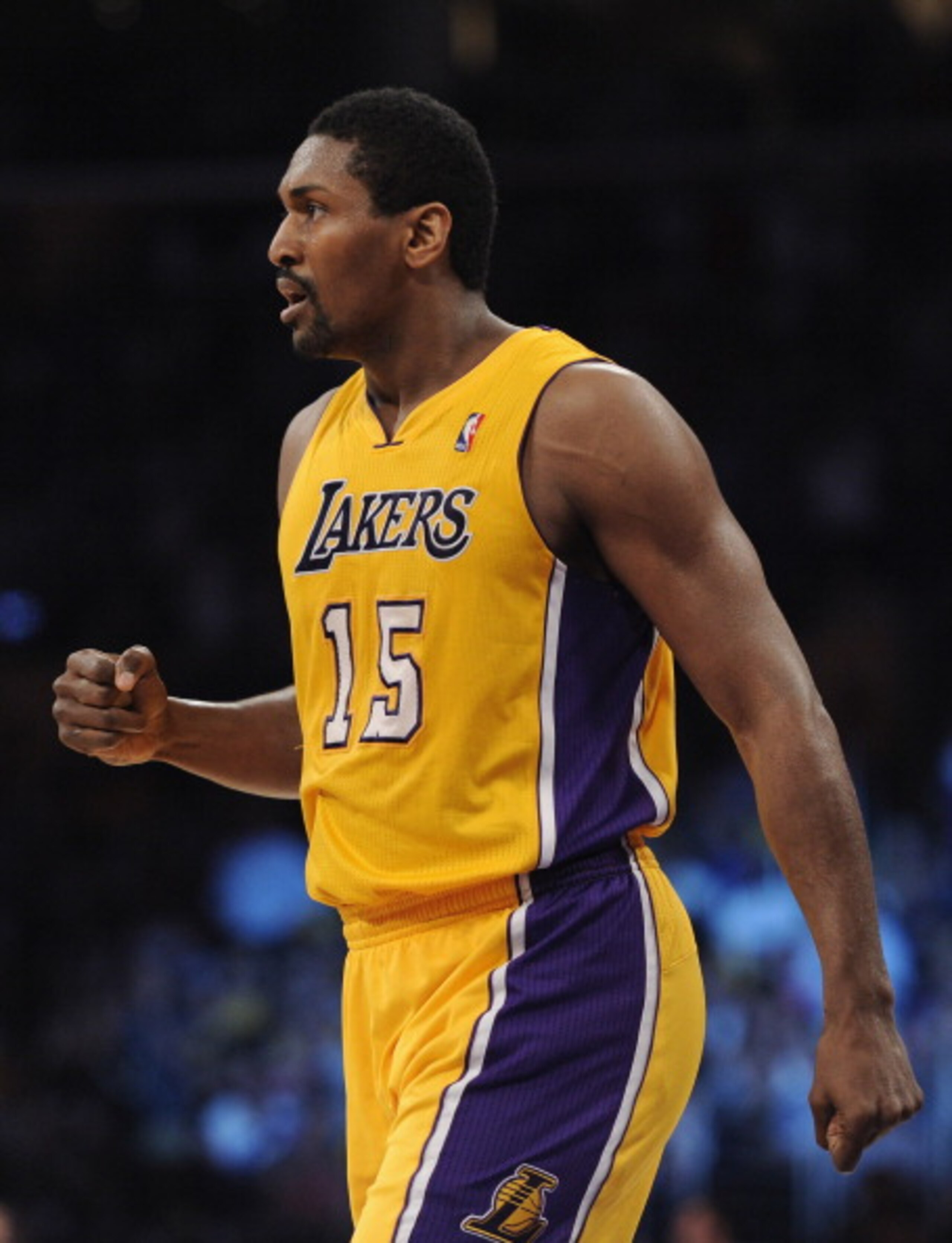 LOS ANGELES, CA - MARCH 31:  Ron Artest #15 of the Los Angeles Lakers reacts after his three pointer against the Dallas Mavericks at Staples Center on March 31, 2011 in Los Angeles, California.  NOTE TO USER: User expressly acknowledges and agrees that, b