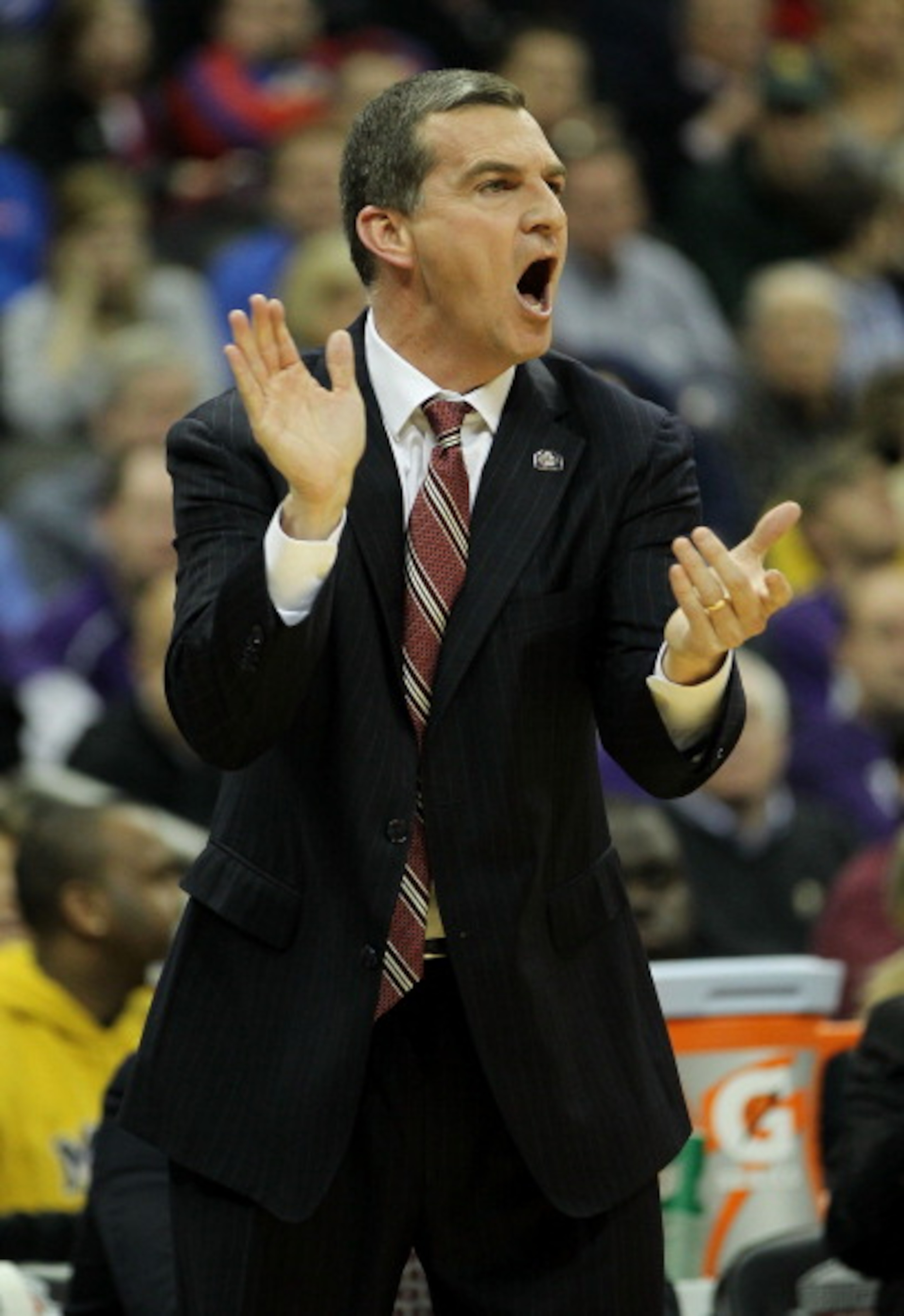 KANSAS CITY, MO - MARCH 10:  Head coach Mark Turgeon of the Texas A&M Aggies reacts to a play during their quarterfinal game against the Missouri Tigers in the 2011 Phillips 66 Big 12 Men's Basketball Tournament at Sprint Center on March 10, 2011 in Kansa