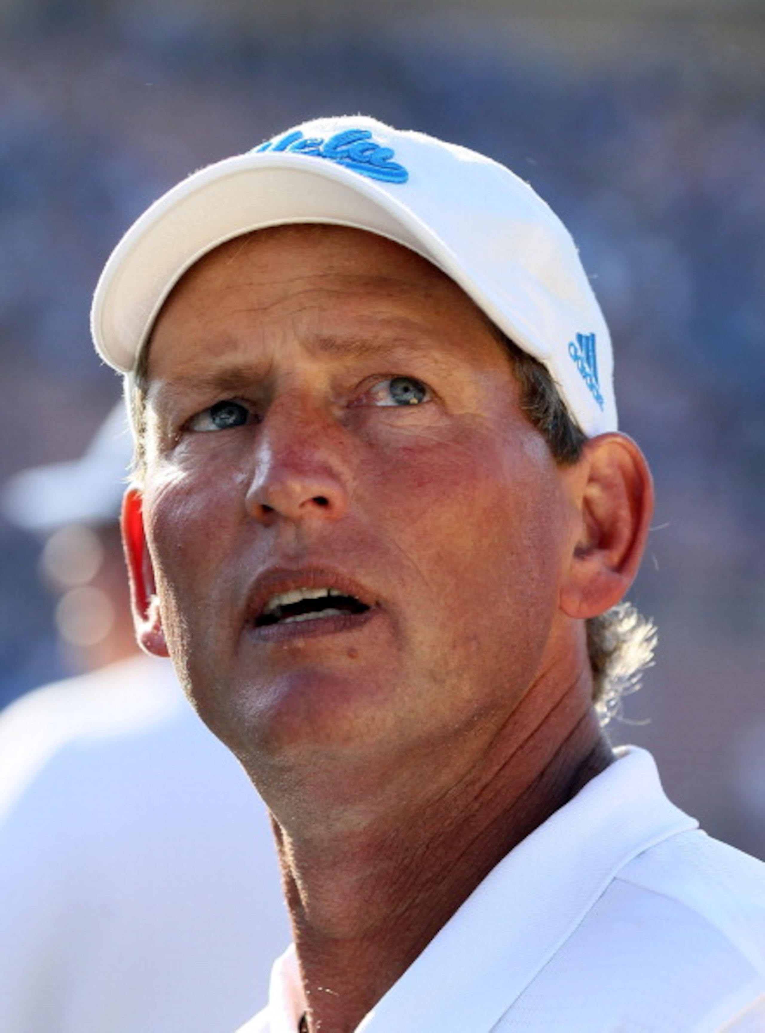 PASADENA, CA - OCTOBER 02:  Head Coach Rick Neuheisel of the UCLA Bruins watches the game against the Washington State Cougars during the game at the Rose Bowl on October 2, 2010 in Pasadena, California. UCLA defeated Washington State 42-28.  (Photo by Je