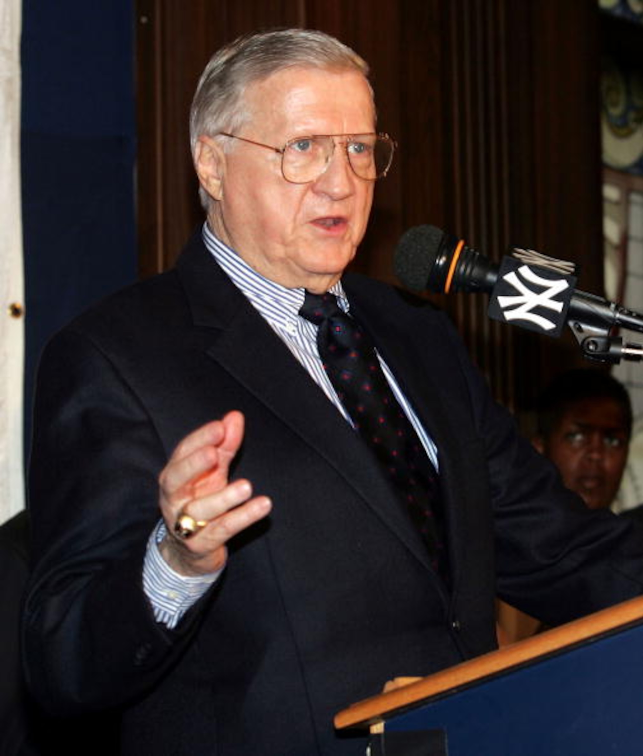 NEW YORK - JUNE 15:  Owner George Steinbrenner of the New York Yankees speaks to the media during a press conference announcing plans for a new Yankee Stadium in the Stadium Club room at Yankee Stadium on June 15, 2005 in the Bronx borough of New York Cit