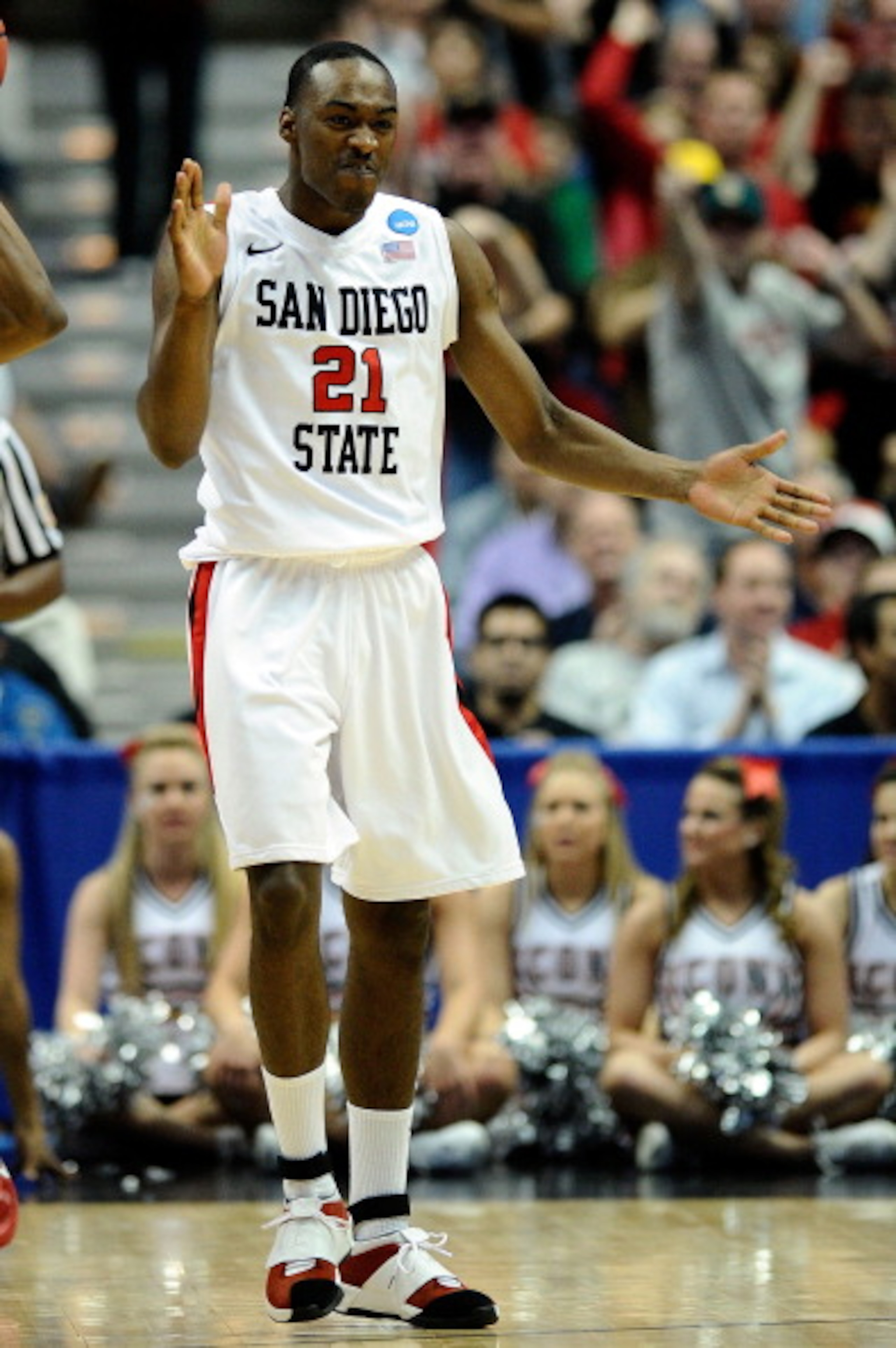 ANAHEIM, CA - MARCH 24: Jamaal Franklin #21 of the San Diego State Aztecs reacts after a play against the Connecticut Huskies during the west regional semifinal of the 2011 NCAA men's basketball tournament at the Honda Center on March 24, 2011 in Anaheim ANAHEIM, CA - MARCH 24: Jamaal Franklin #21 of the San Diego State Aztecs reacts after a play against the Connecticut Huskies during the west regional semifinal of the 2011 NCAA men's basketball tournament at the Honda Center on March 24, 2011 in Anaheim