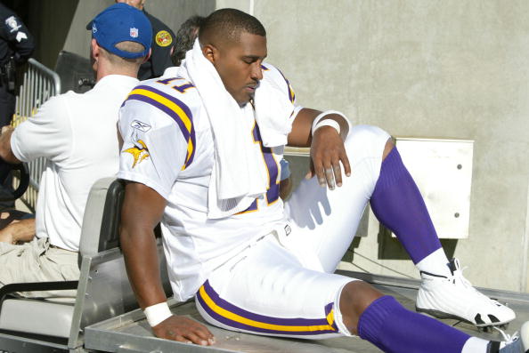 CHARLOTTE, NC - OCTOBER 30: Quarterback Daunte Culpepper #11 of the Minnesota Vikings is carted off the field after being injured against the Carolina Panthers at Bank of America Stadium on October 30, 2005 in Charlotte, North Carolina. The Panthers defe
