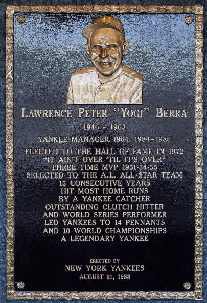 NEW YORK - MAY 02:  The plaque of Yogi Berra is seen in Monument Park at Yankee Stadium prior to the game between the New York Yankees and the Chicago White Sox on May 2, 2010 in the Bronx borough of New York City. The Yankees defeated the White Sox 12-3.