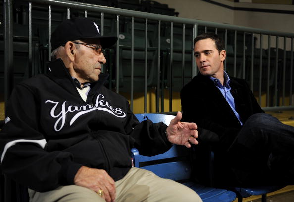 LITTLE FALLS, NJ - NOVEMBER 23:  Baseball Hall of Famer Yogi Berra and four-time Nascar champion Jimmie Johnson chat in the theater at the Yogi Berra Museum and and Learning Center on November 23, 2009 in Little Falls, New Jersey.  (Photo by Jeff Zelevans