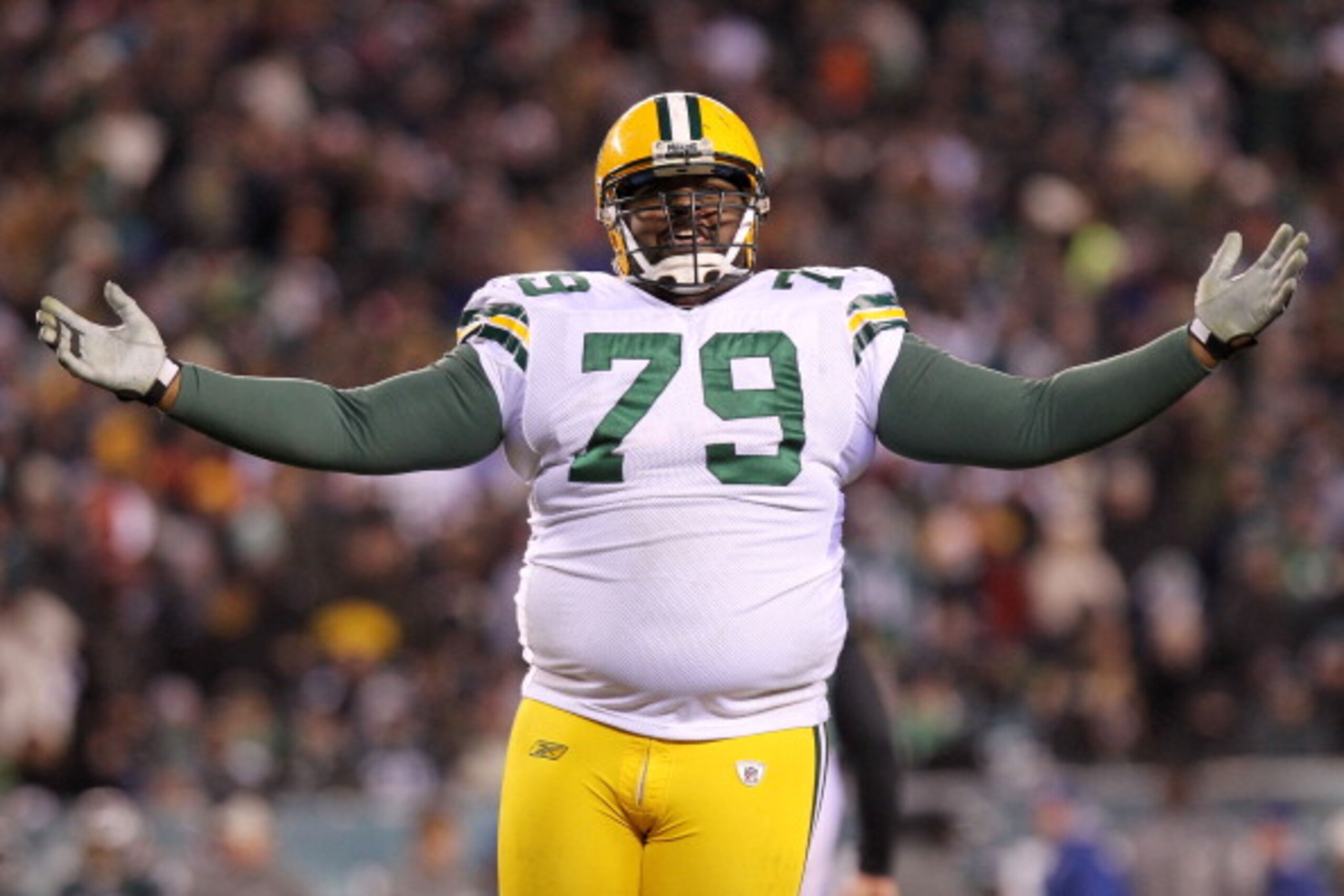 PHILADELPHIA, PA - JANUARY 09:  Ryan Pickett #79 of the Green Bay Packers celebrates after a field goal in their game against the Philadelphia Eagles during the 2011 NFC wild card playoff game at Lincoln Financial Field on January 9, 2011 in Philadelphia,