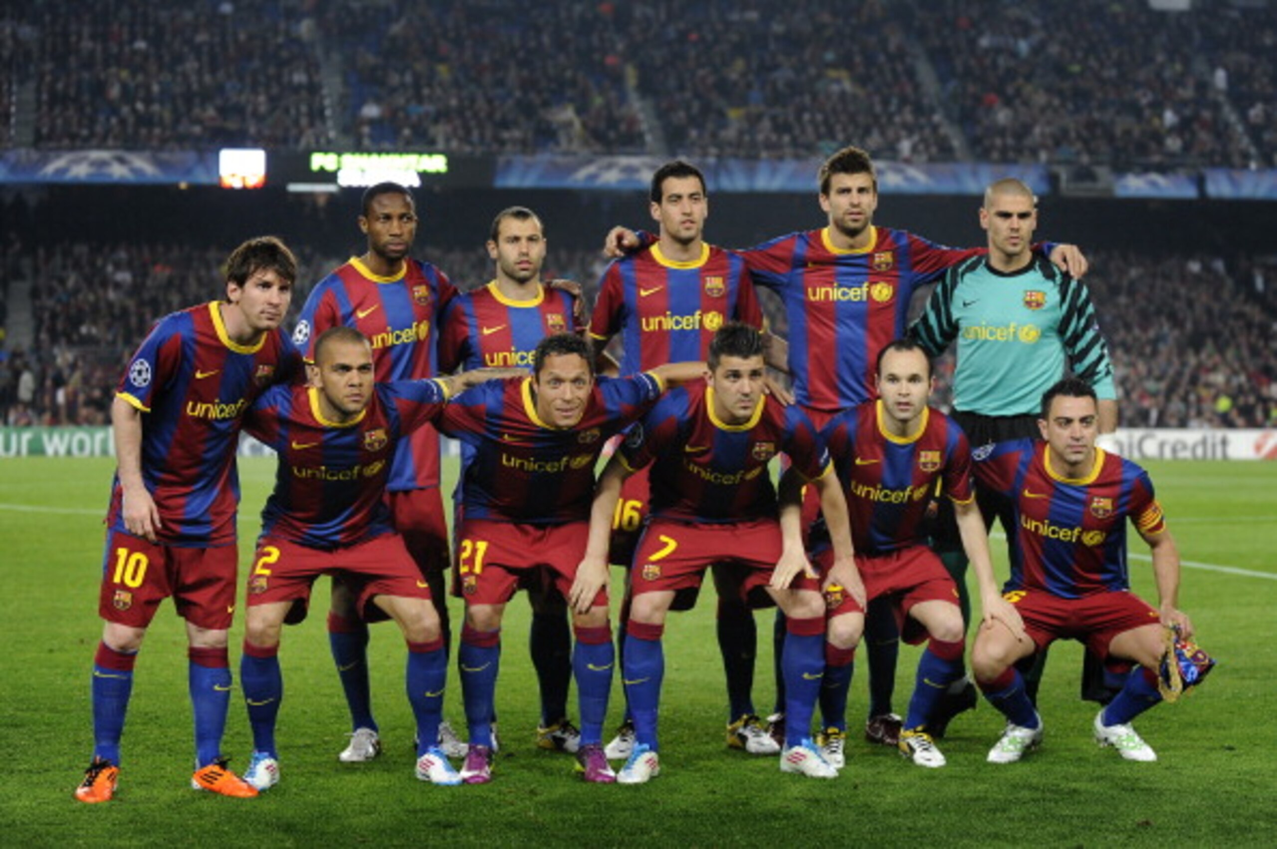 BARCELONA, SPAIN - APRIL 06: (L-R back row)) Seydou Keita, Javier Mascherano, Sergio Busquets, Gerard Pique and Victor Valdes (L-R front row) Lionel Messi, Dani Alves, Adriano, David Villa, Andres Iniesta and Xavi Hernandez of FC Barcelona pose for a team