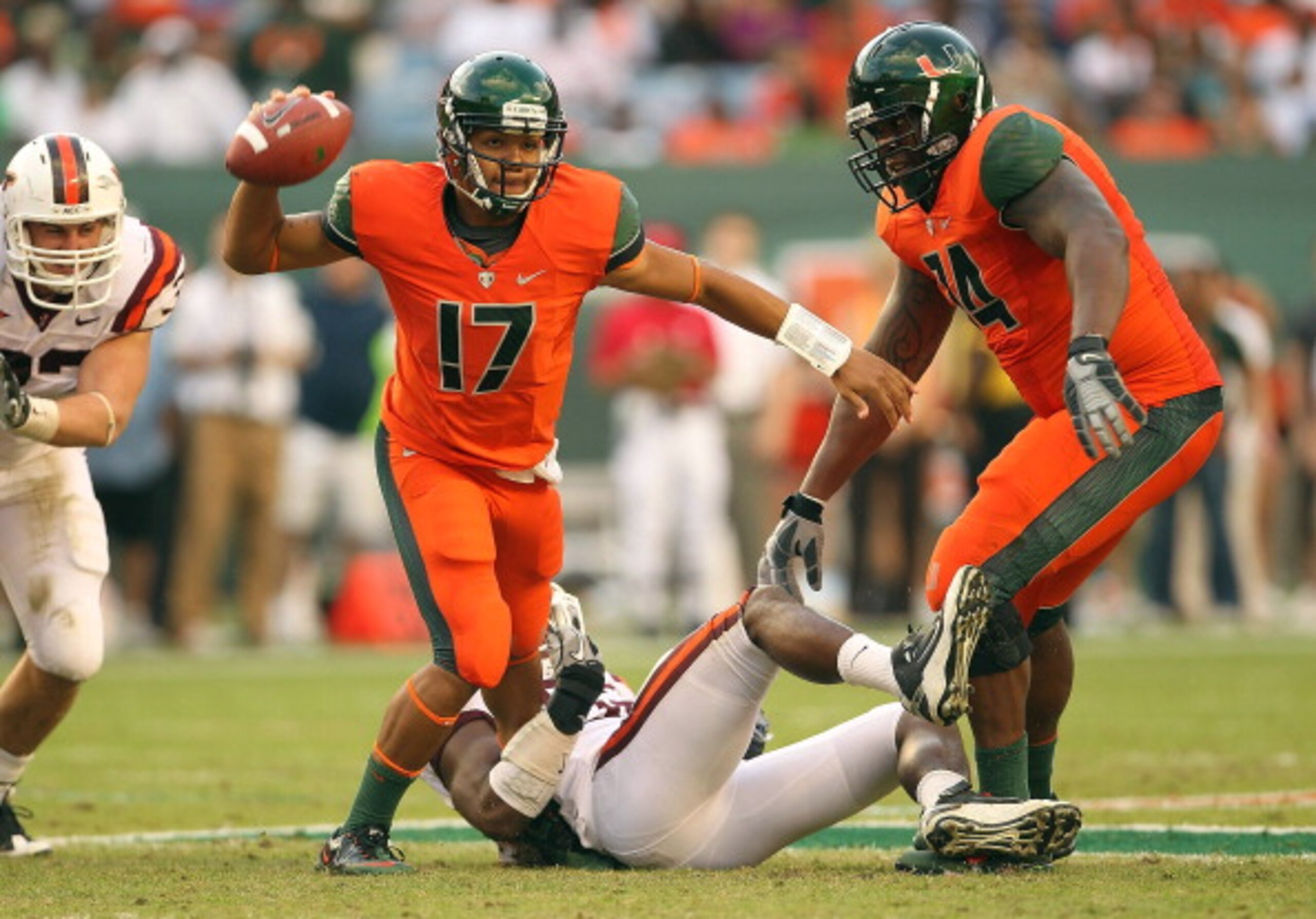 MIAMI - NOVEMBER 20: Stephen Morris #17 of the Miami Hurricanes passes out of trouble during a game against the Virginia Tech Hokies at Sun Life Stadium on November 20, 2010 in Miami, Florida. (Photo by Mike Ehrmann/Getty Images) MIAMI - NOVEMBER 20: Stephen Morris #17 of the Miami Hurricanes passes out of trouble during a game against the Virginia Tech Hokies at Sun Life Stadium on November 20, 2010 in Miami, Florida. (Photo by Mike Ehrmann/Getty Images)