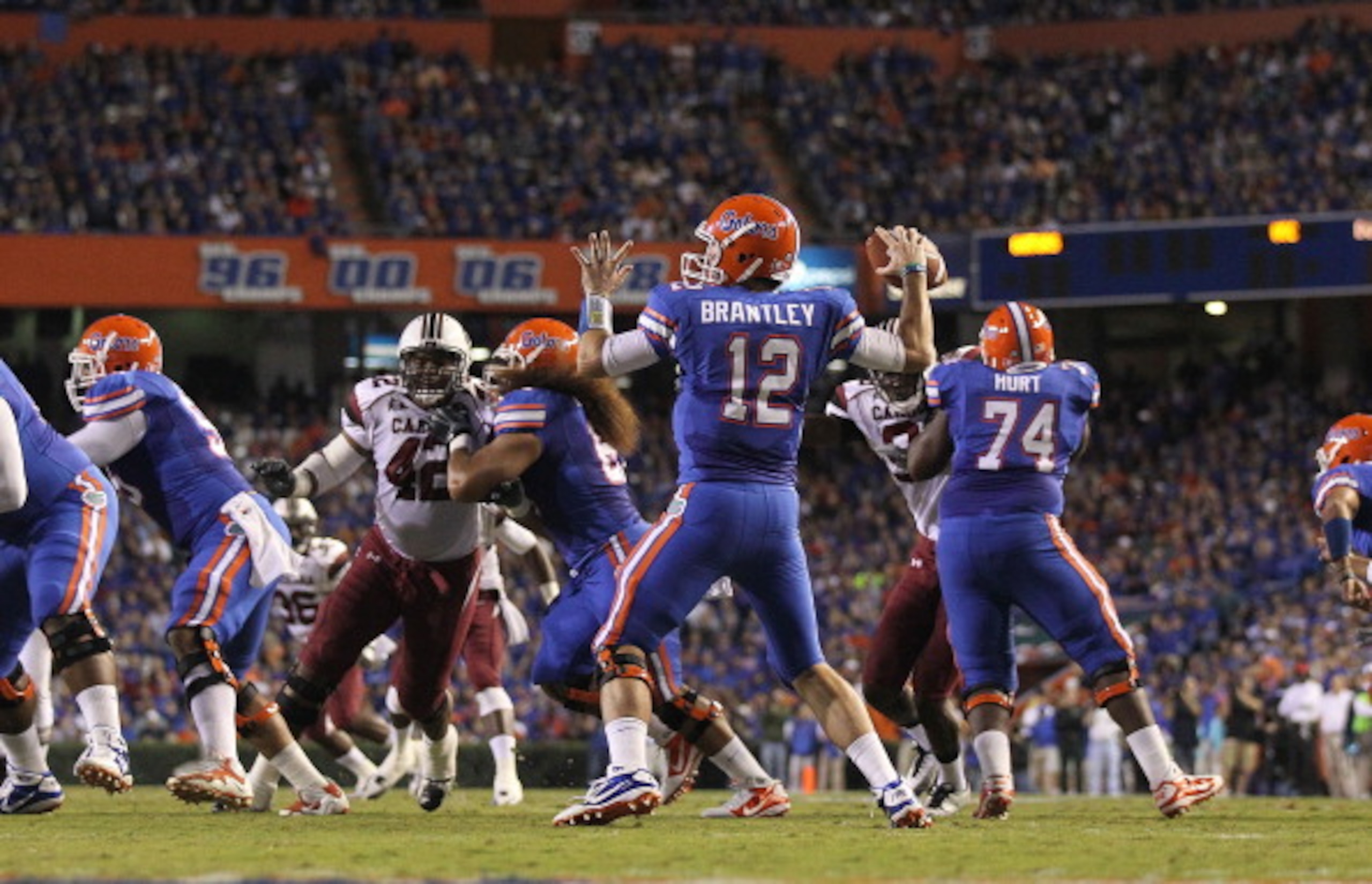GAINESVILLE, FL - NOVEMBER 13: John Brantley #12 of the Florida Gators passes during a game against the South Carolina Gamecocks at Ben Hill Griffin Stadium on November 13, 2010 in Gainesville, Florida. (Photo by Mike Ehrmann/Getty Images) GAINESVILLE, FL - NOVEMBER 13: John Brantley #12 of the Florida Gators passes during a game against the South Carolina Gamecocks at Ben Hill Griffin Stadium on November 13, 2010 in Gainesville, Florida. (Photo by Mike Ehrmann/Getty Images)