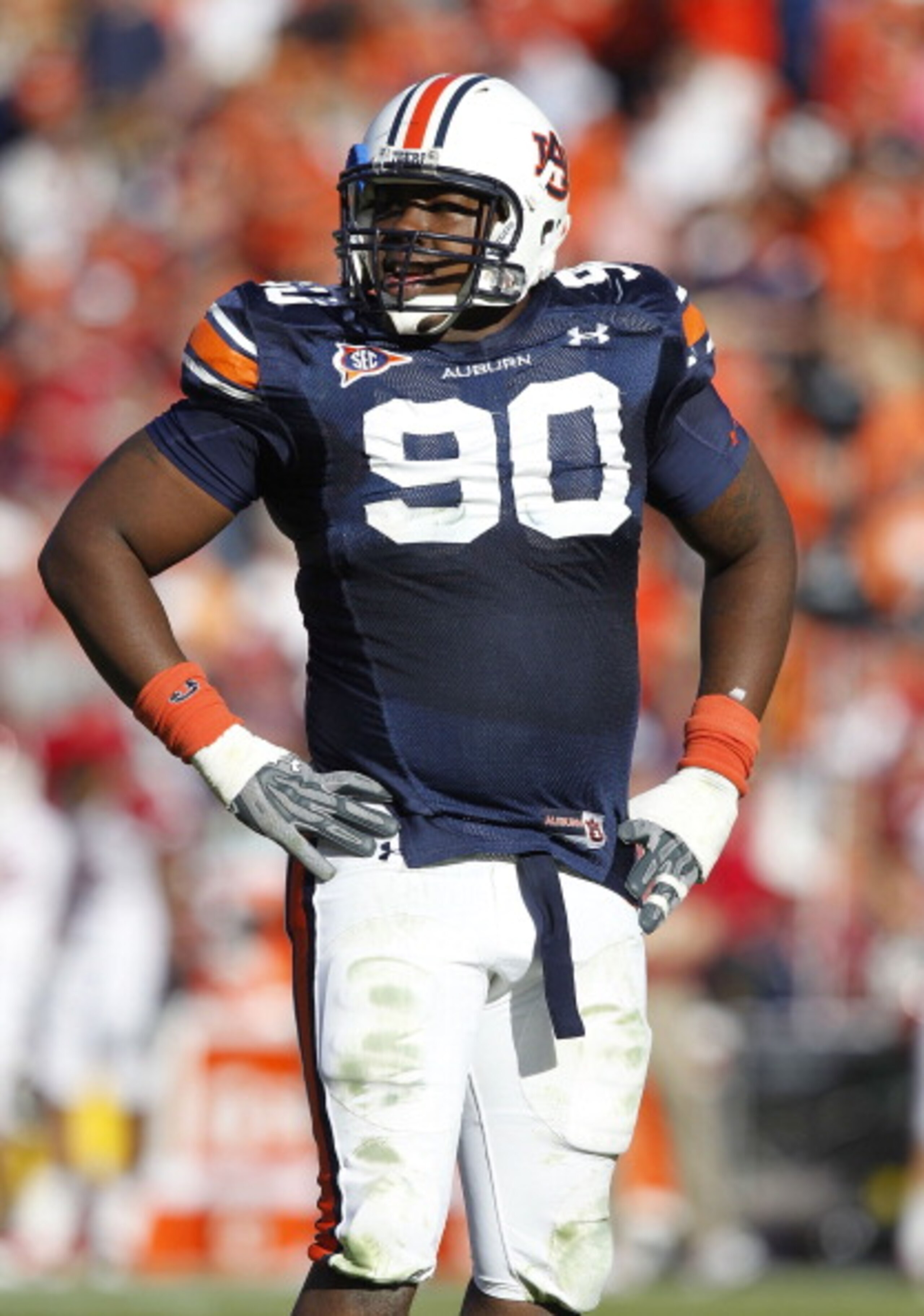 AUBURN - OCTOBER 16: Defensive lineman Nick Fairley #90 of the Auburn Tigers takes a break on the field during the game against the Arkansas Razorbacks at Jordan-Hare Stadium on October 16, 2010 in Auburn, Alabama. (Photo by Mike Zarrilli/Getty Images) AUBURN - OCTOBER 16: Defensive lineman Nick Fairley #90 of the Auburn Tigers takes a break on the field during the game against the Arkansas Razorbacks at Jordan-Hare Stadium on October 16, 2010 in Auburn, Alabama. (Photo by Mike Zarrilli/Getty Images)