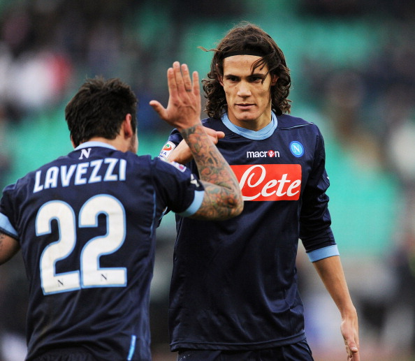 BARI, ITALY - JANUARY 23: Edinson Cavani (R) and team-mate Ezequiel Lavezzi of Napoli celebrate the second goal of the match during the Serie A match between Bari and Napoli at Stadio San Nicola on January 23, 2011 in Bari, Italy. (Photo by Giuseppe Bel