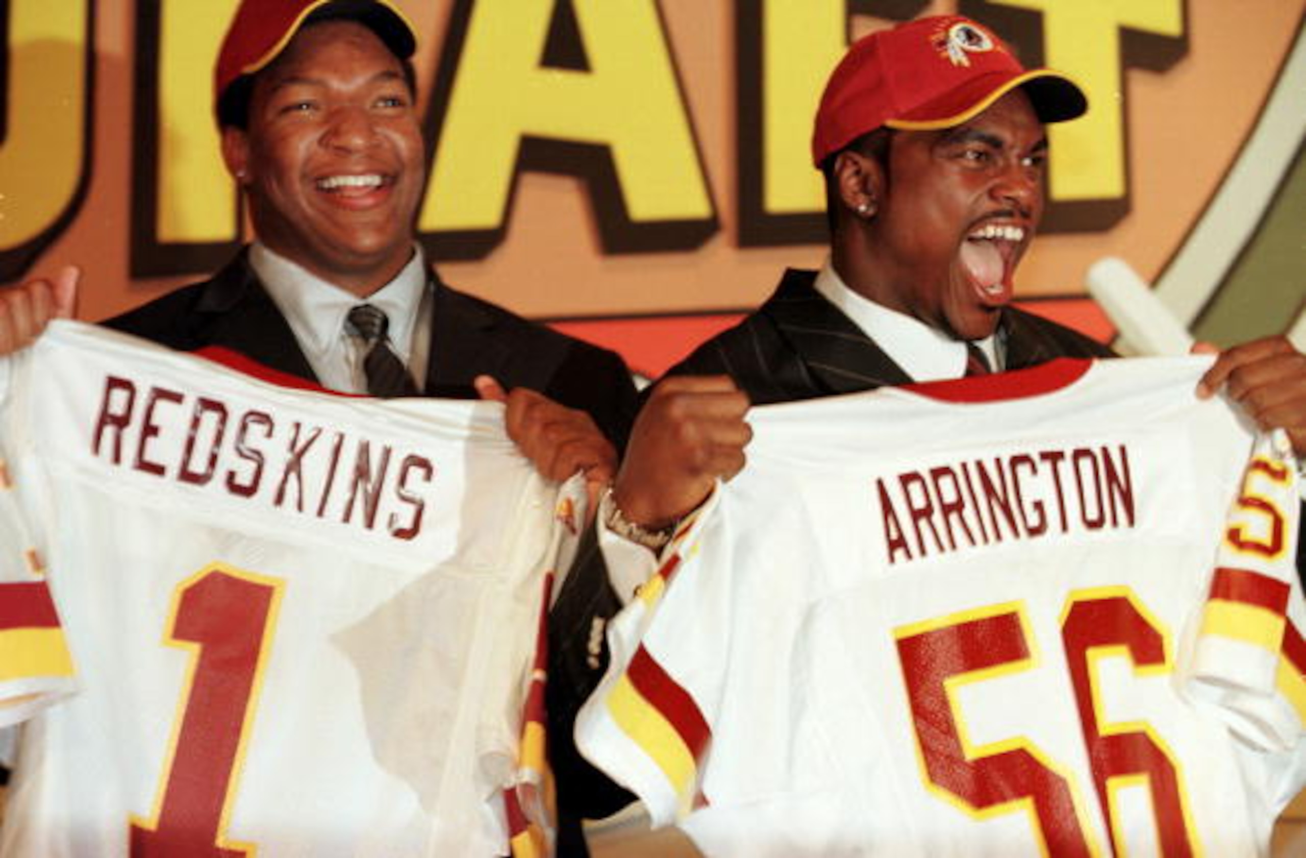 15 Apr 2000: New teammates Chris Samuels, left and LaVar Arrington moments after Washington made them the numbers three and two, respectfully picks in the 2000 NFL Draft at the Paramount Theater at Madison Square Garden in New York, New York. Mandatory Cr