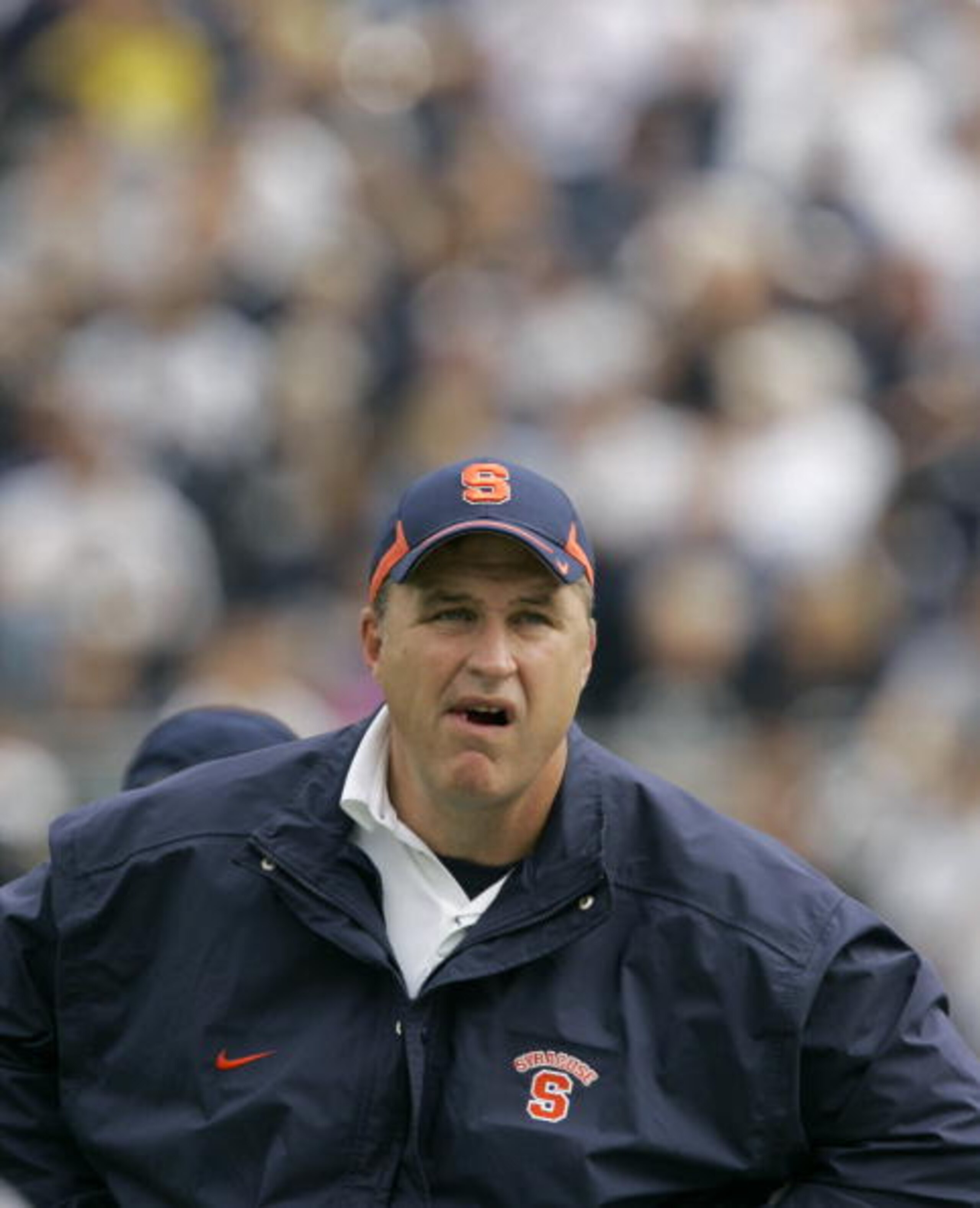 STATE COLLEGE, PA - SEPTEMBER 12: Head coach Doug Marrone of the Syracuse Orangemen reacts as he walks the sideline  during the second half of their game against the Penn State Nittany Lions at Beaver Stadium  September 12, 2009 in State College, Pennsylv
