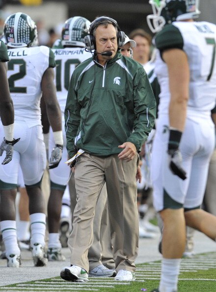 IOWA CITY, IA - OCTOBER 30: Michigan State Spartans head coach Mark Dantonio looks on from the sidelines during play against the University of Iowa Hawkeyes at Kinnick Stadium on October 30, 2010 in Iowa City, Iowa. Iowa won 37-6 over Michigan State. (Pho