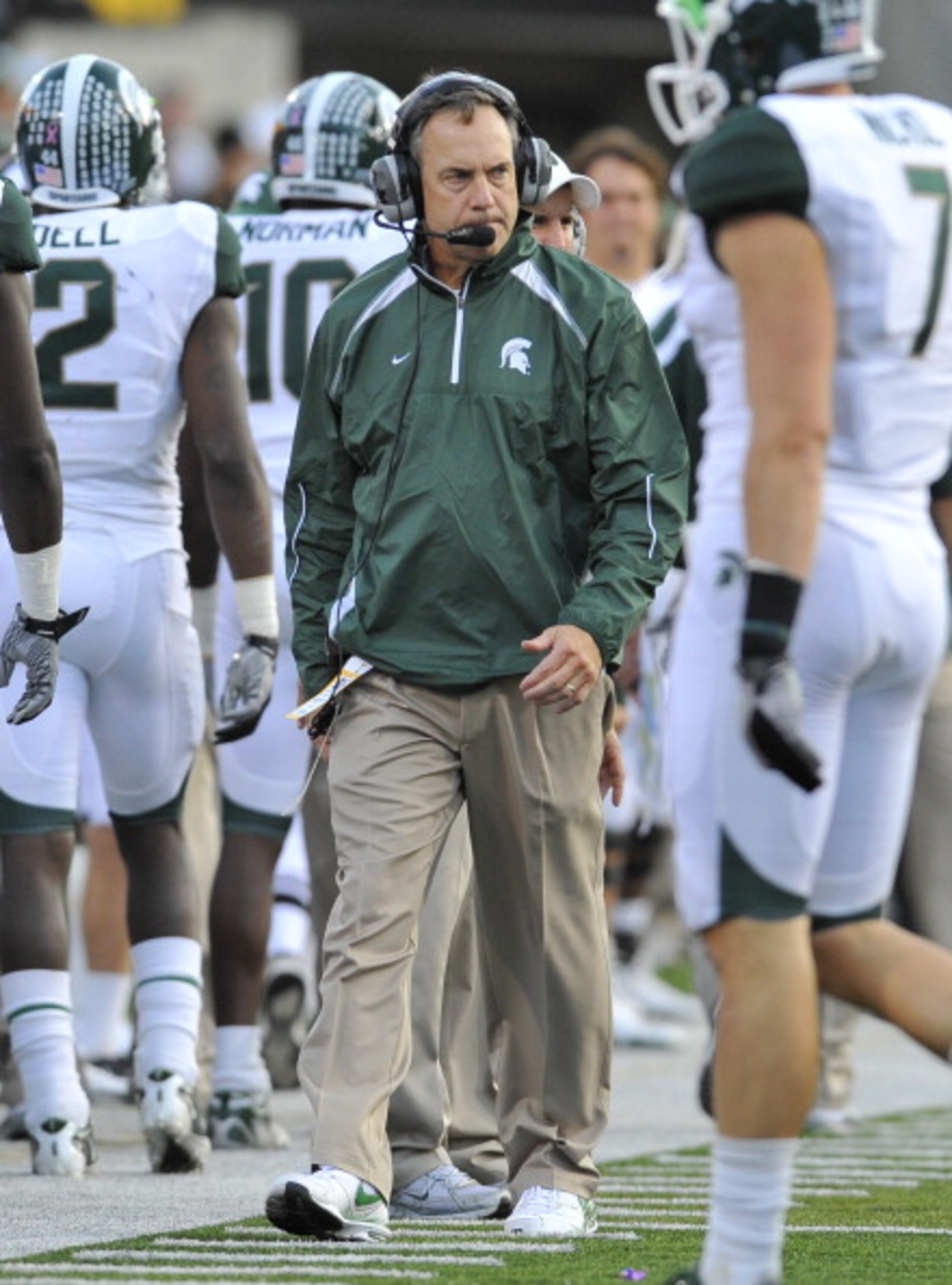IOWA CITY, IA - OCTOBER 30: Michigan State Spartans head coach Mark Dantonio looks on from the sidelines during play against the University of Iowa Hawkeyes at Kinnick Stadium on October 30, 2010 in Iowa City, Iowa. Iowa won 37-6 over Michigan State. (Pho