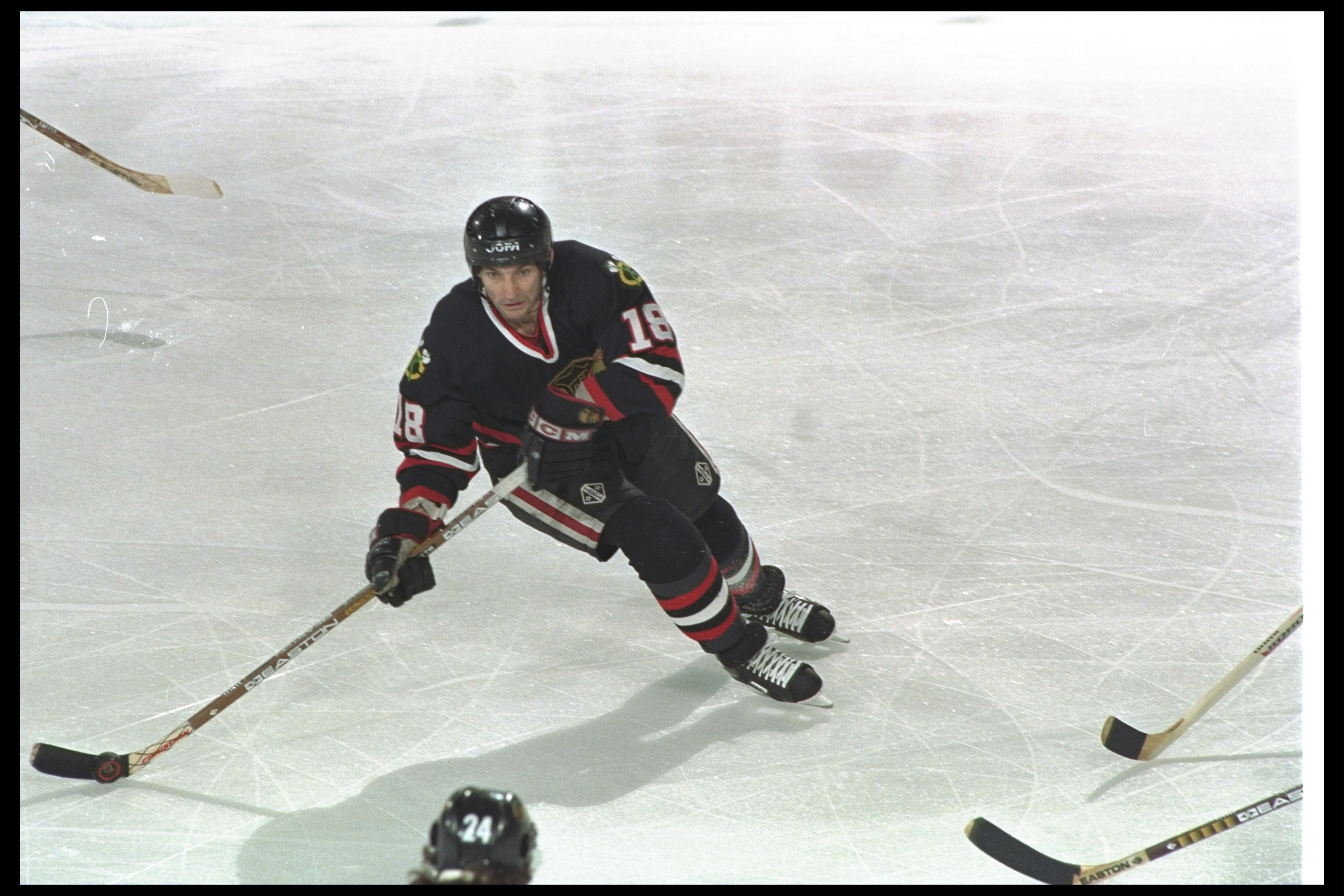 24 Apr 1997:  Denis Savard of the Chicago Blackhawks skates around the ice during their 7-0 loss to the Colorado Avalanche in the Stanley Cup Finals at McNichol Arena in Dever, Colorado. Mandatory Credit: Brian Bahr  /Allsport