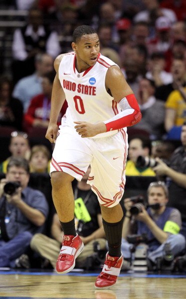 CLEVELAND, OH - MARCH 18:  Jared Sullinger #0 of the Ohio State Buckeyes runs up court after a play against the Texas-San Antonio Roadrunners during the second round of the 2011 NCAA men's basketball tournament at Quicken Loans Arena on March 18, 2011 in 