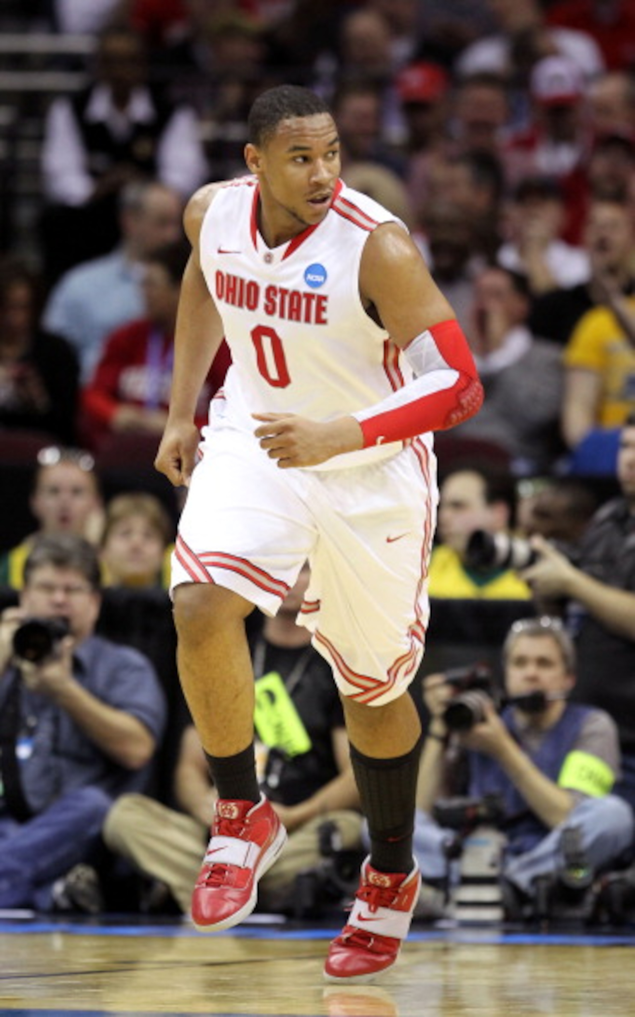 CLEVELAND, OH - MARCH 18:  Jared Sullinger #0 of the Ohio State Buckeyes runs up court after a play against the Texas-San Antonio Roadrunners during the second round of the 2011 NCAA men's basketball tournament at Quicken Loans Arena on March 18, 2011 in 