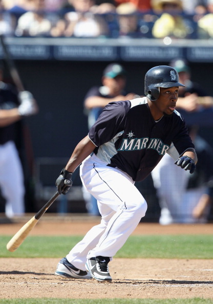 PEORIA, AZ - MARCH 12:  Chone Figgins #9 of the Seattle Mariners bats against the Oakland Athletics during the spring training game at Peoria Stadium on March 12, 2011 in Peoria, Arizona.  (Photo by Christian Petersen/Getty Images)