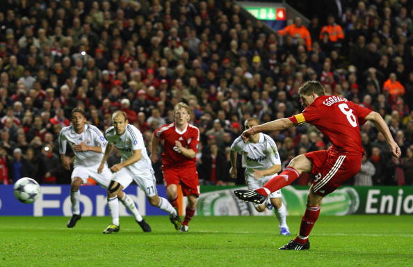 LIVERPOOL, UNITED KINGDOM - MARCH 10:  Steven Gerrard of Liverpool scores his team's second goal from the penalty spot during the UEFA Champions League Round of Sixteen, Second Leg match between Liverpool and Real Madrid at Anfield on March 10, 2009 in Li