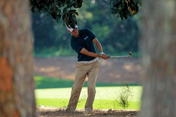 AUGUSTA, GA - APRIL 07:  Martin Kaymer of Germany hits a shot from the pine needles on the 18th hole during the first round of the 2011 Masters Tournament at Augusta National Golf Club on April 7, 2011 in Augusta, Georgia.  (Photo by David Cannon/Getty Im